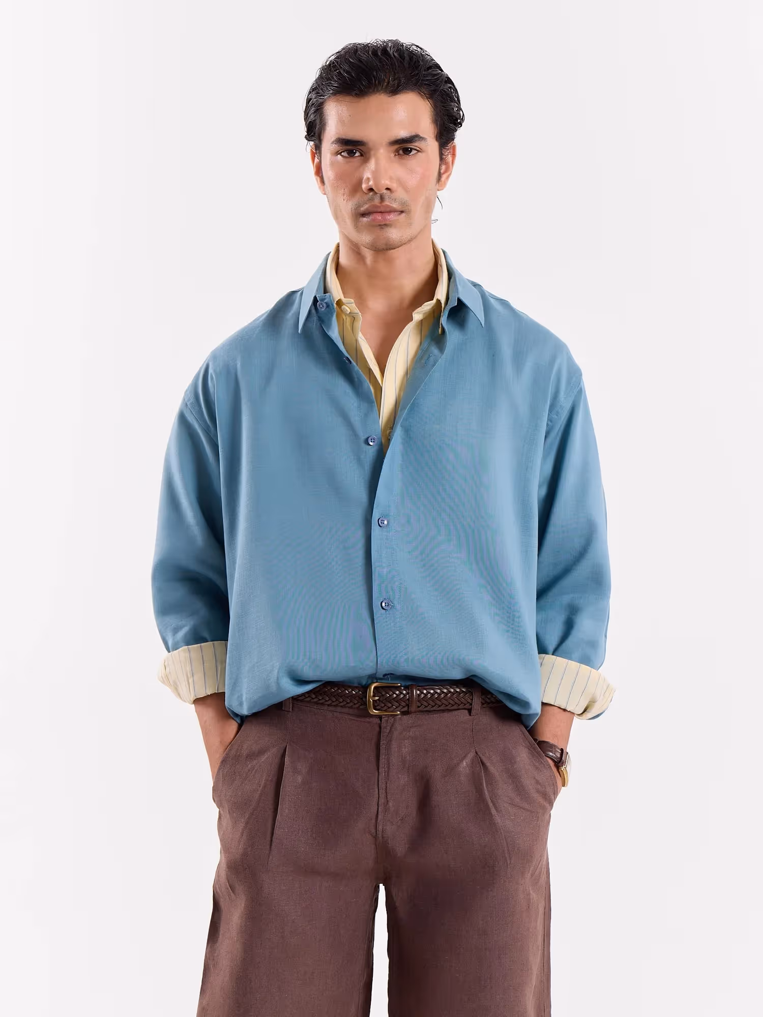 Teal Blue Linen Cropped Shirt image 2