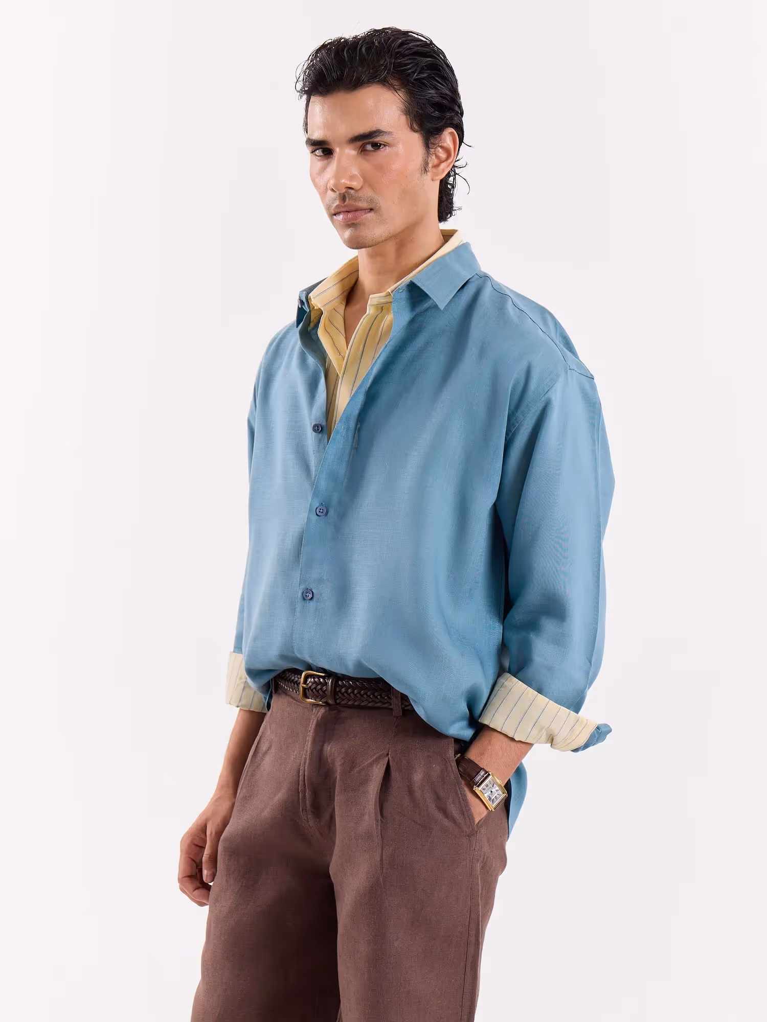 Teal Blue Linen Cropped Shirt image 3
