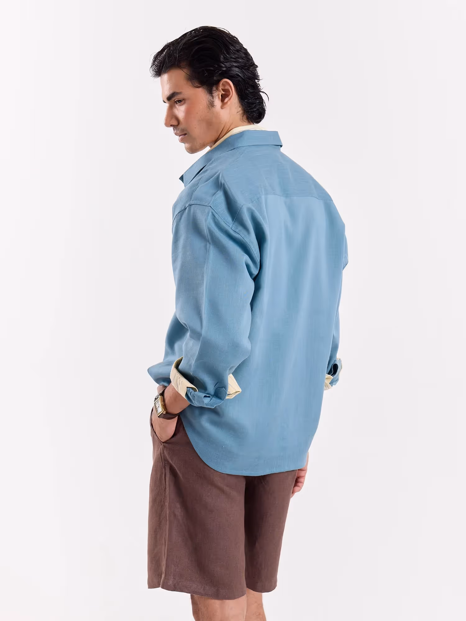 Teal Blue Linen Cropped Shirt image 5