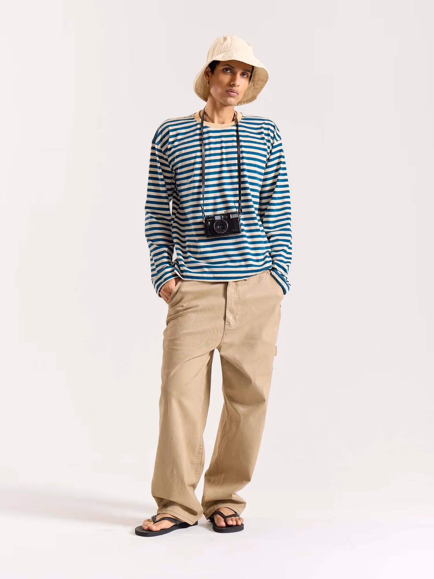 Teal Blue Striped Loose Fit Cropped T-Shirt image 1