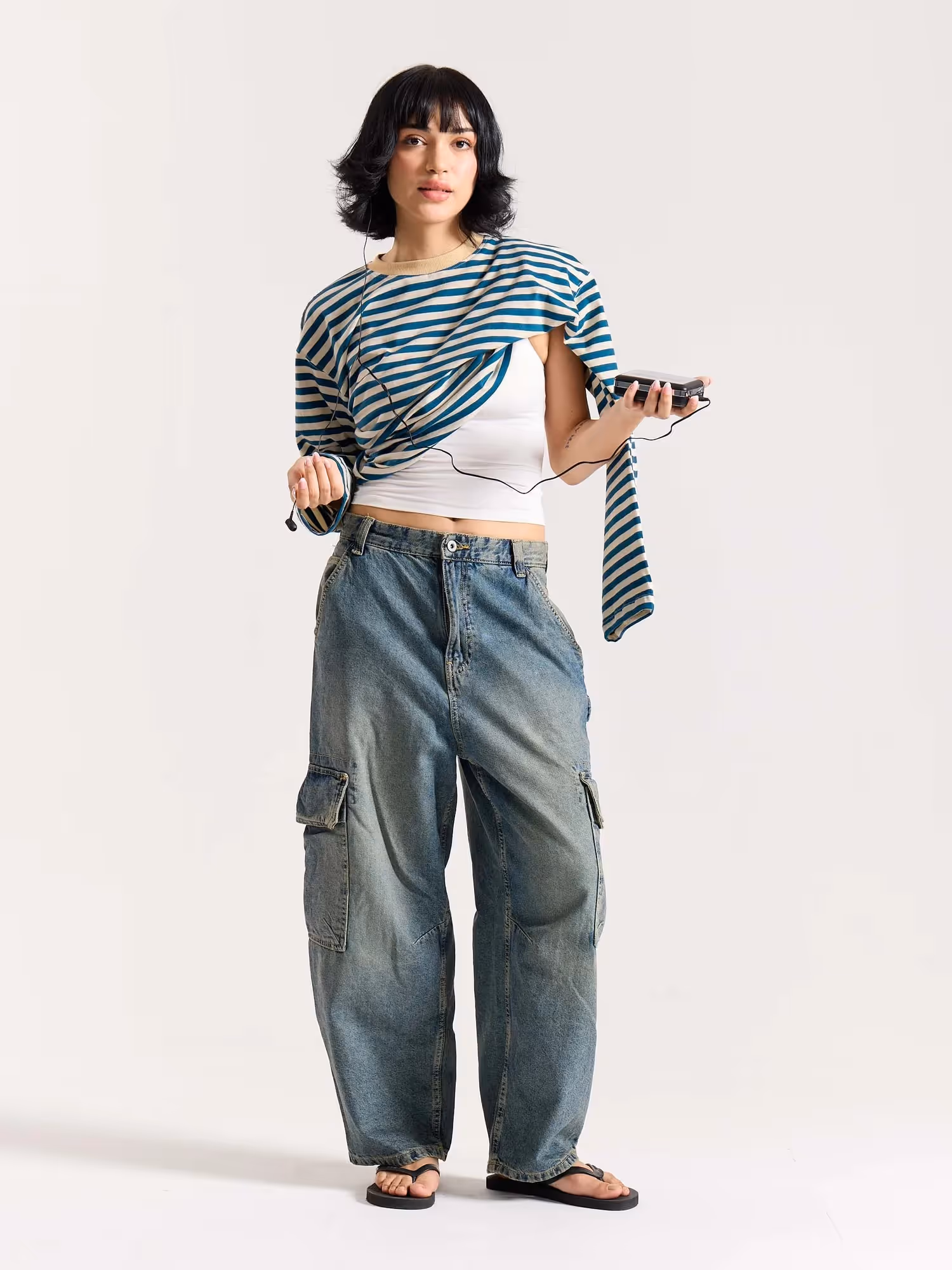 Teal Blue Striped Loose Fit Cropped T-Shirt image 2