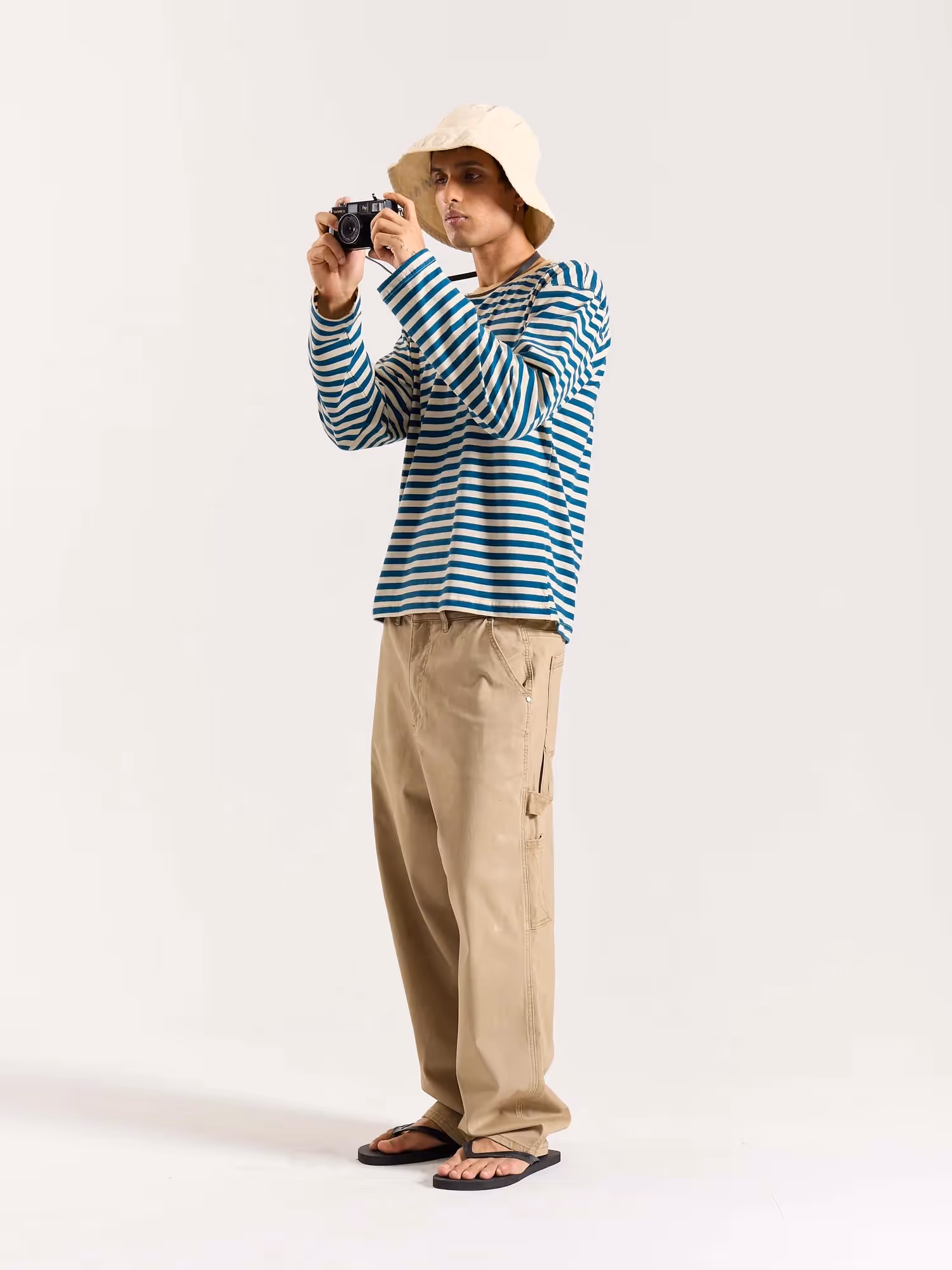 Teal Blue Striped Loose Fit Cropped T-Shirt image 3