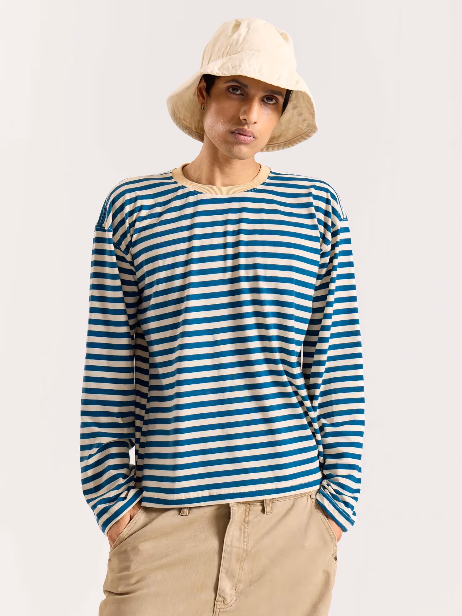 Teal Blue Striped Loose Fit Cropped T-Shirt image 4