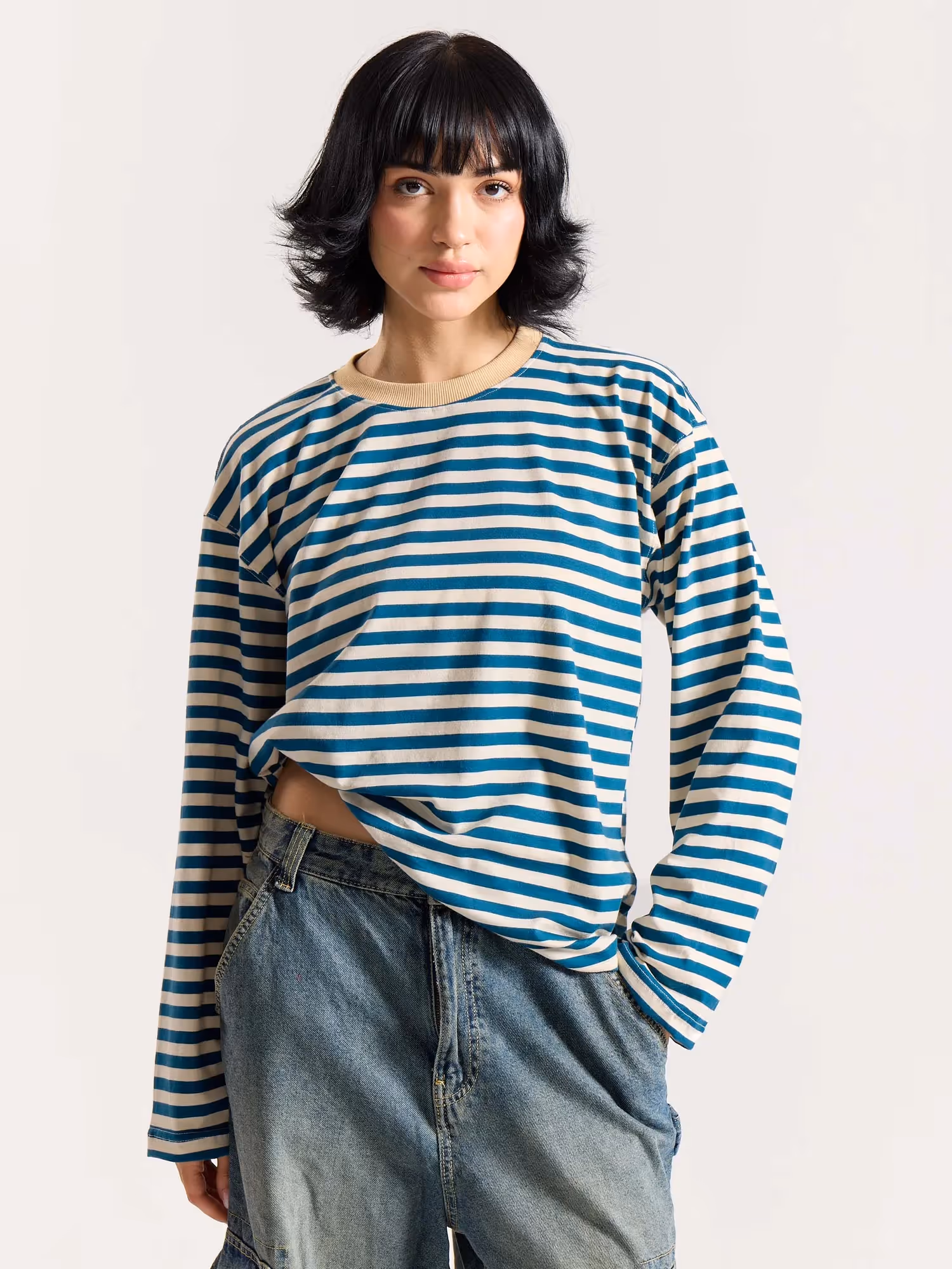 Teal Blue Striped Loose Fit Cropped T-Shirt image 5