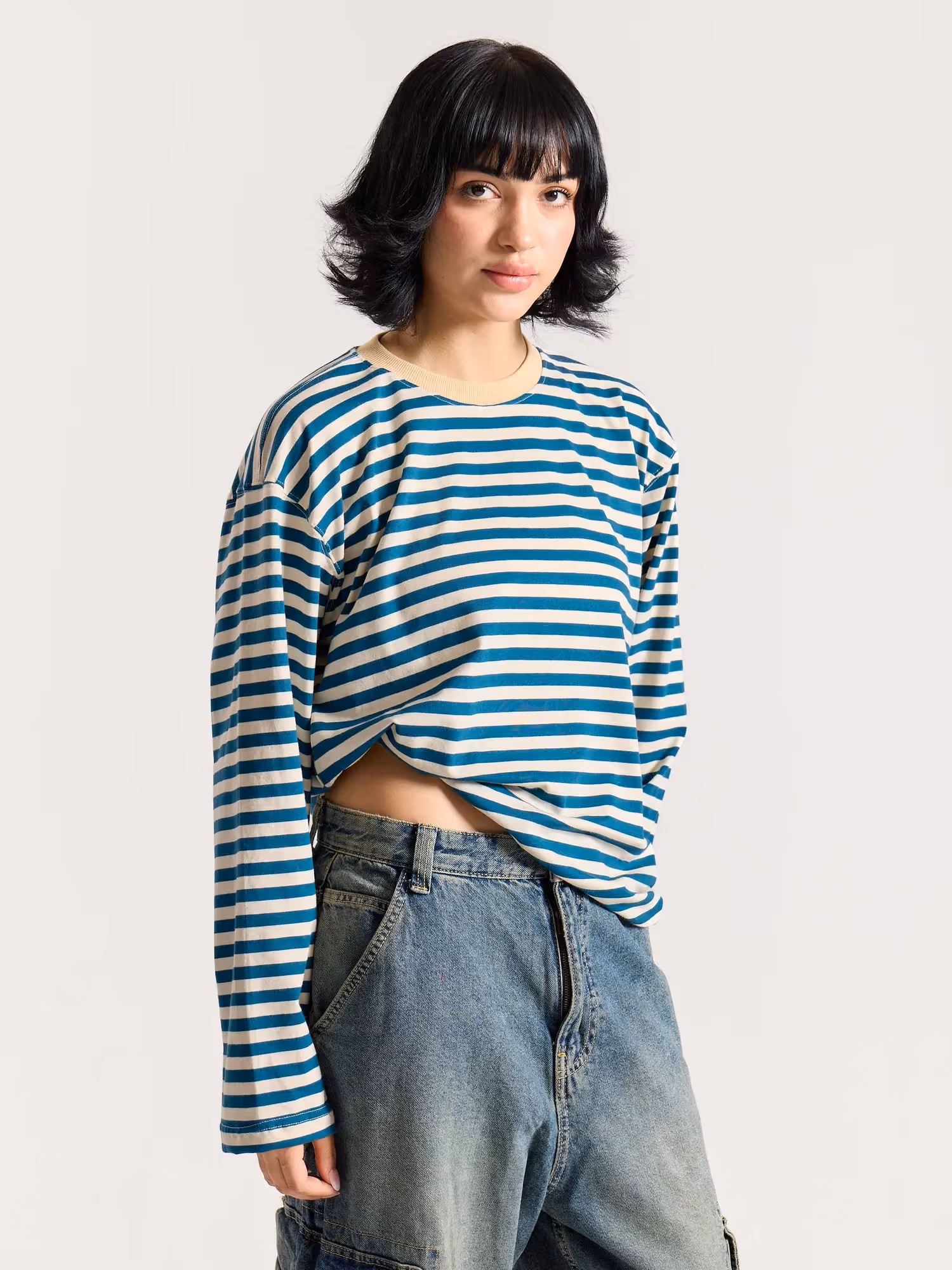 Teal Blue Striped Loose Fit Cropped T-Shirt image 6