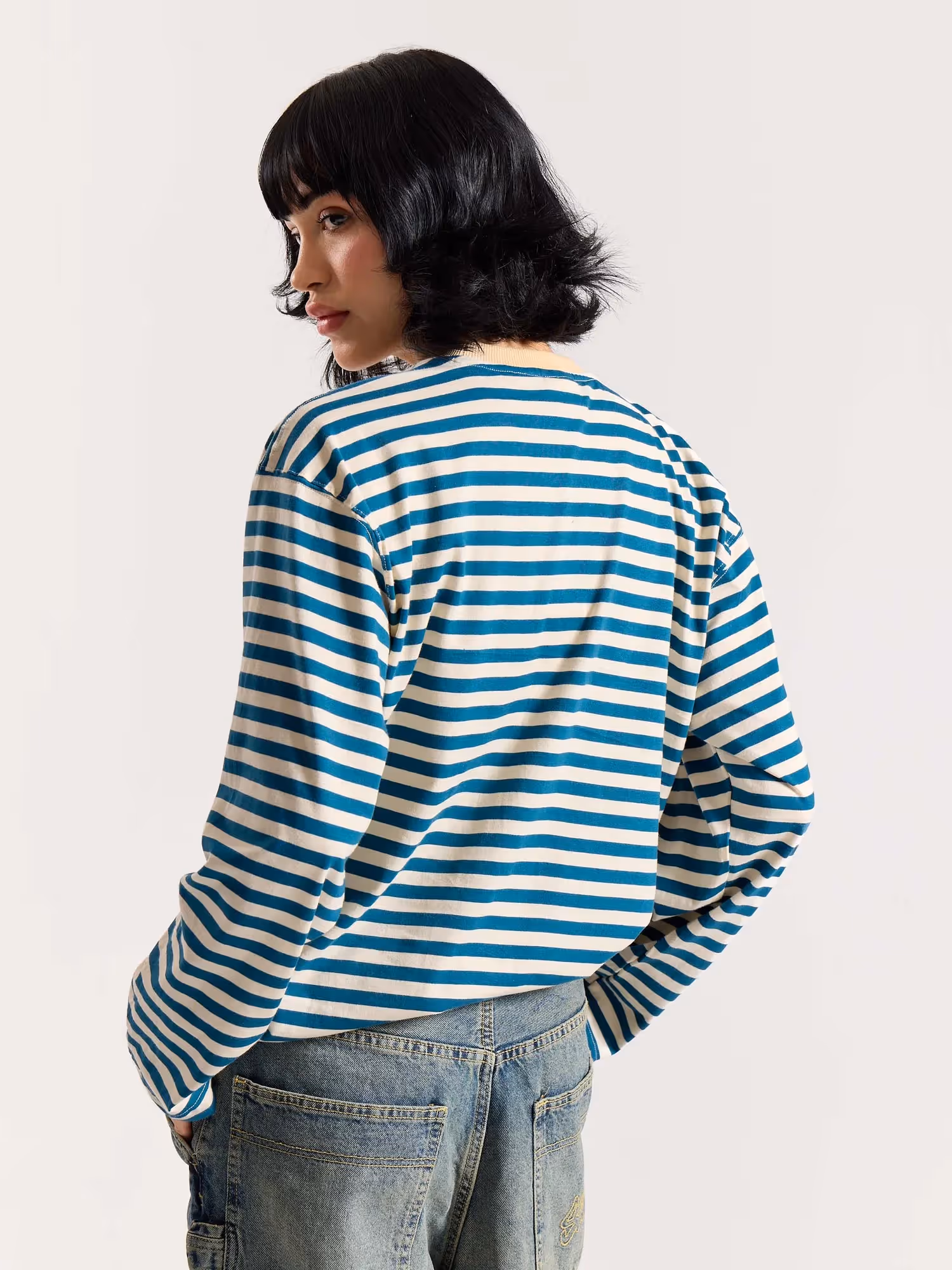 Teal Blue Striped Loose Fit Cropped T-Shirt image 7