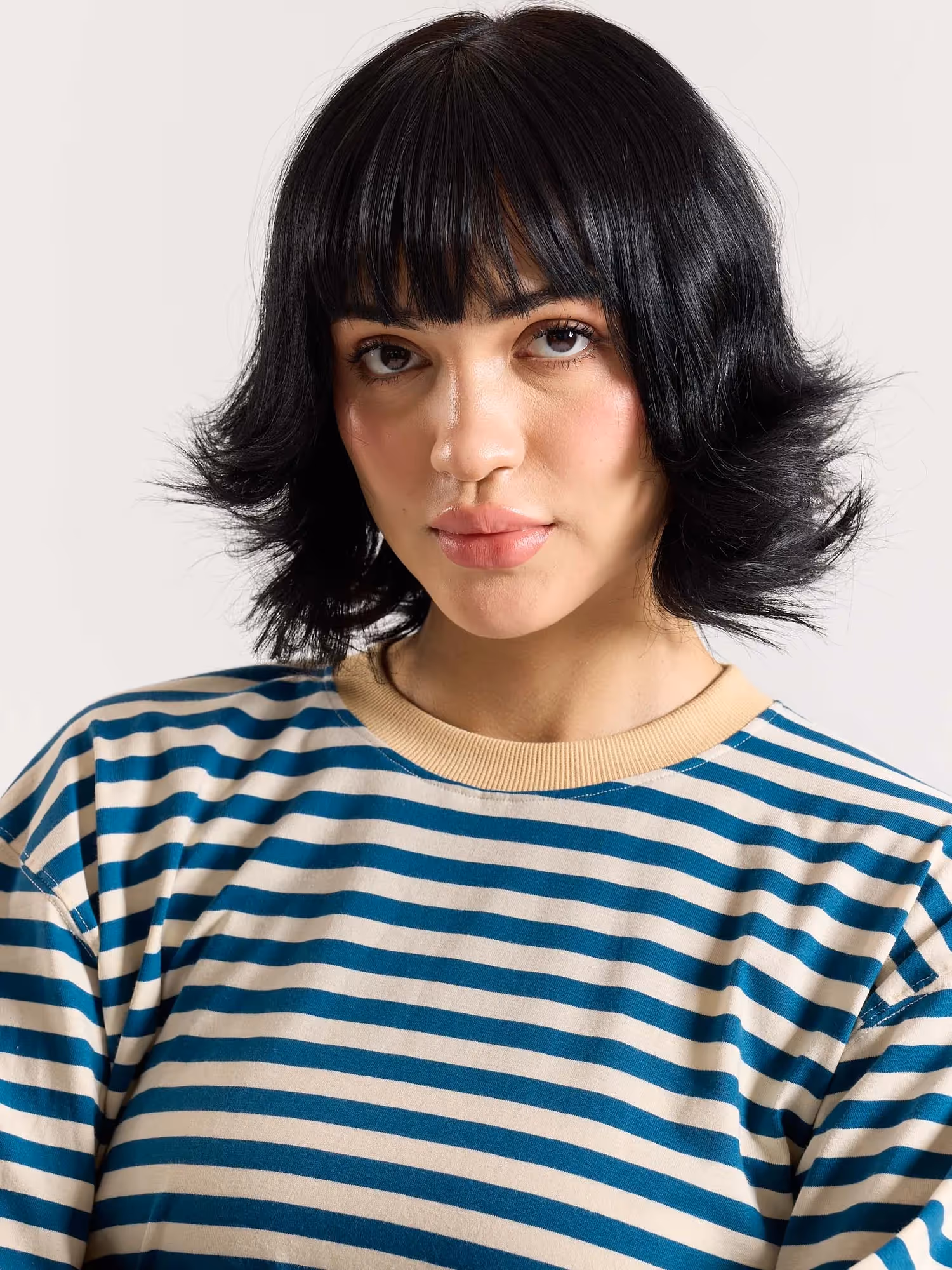 Teal Blue Striped Loose Fit Cropped T-Shirt image 8