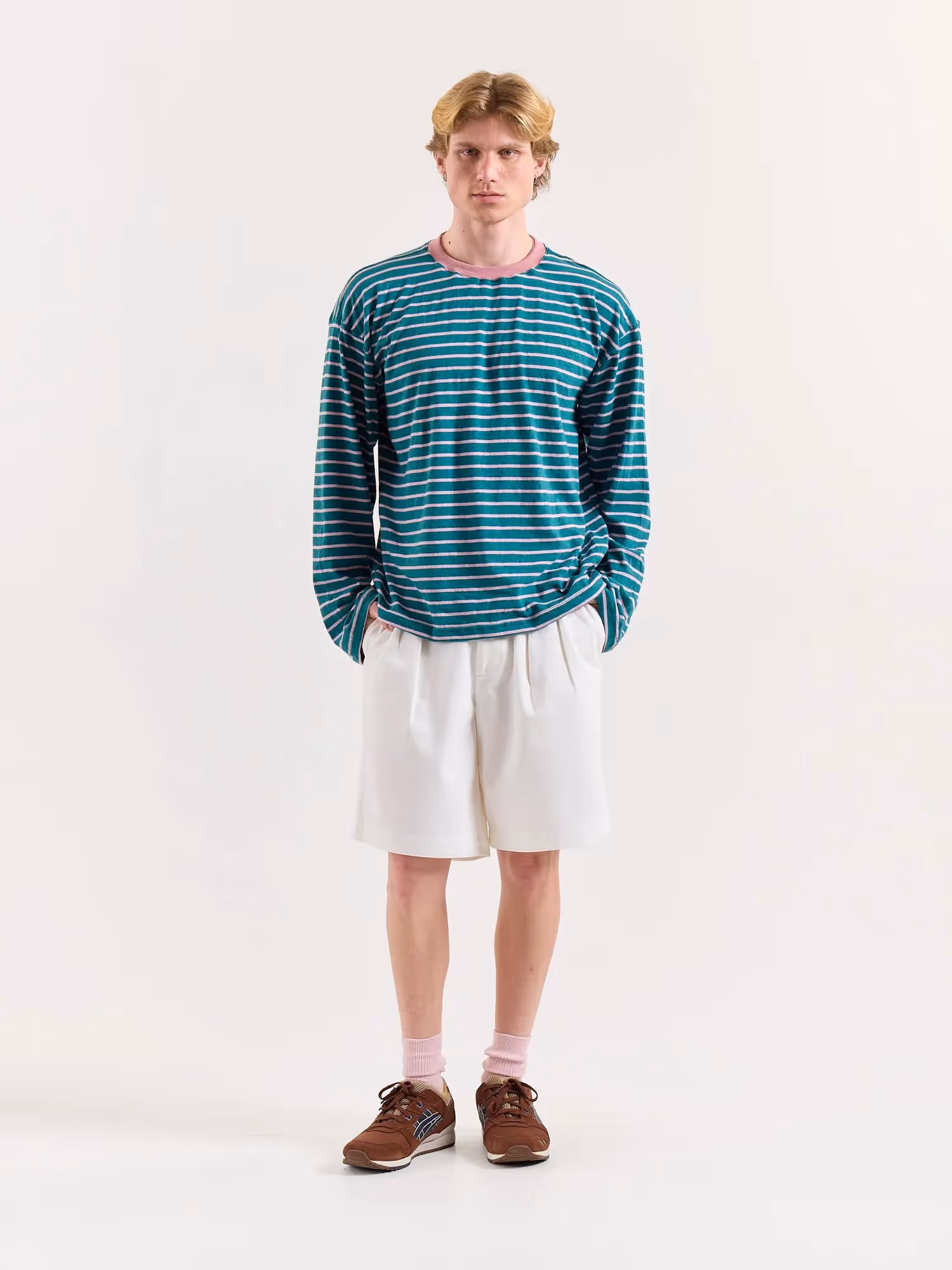 Teal Green and Pink Chambray Striped Cropped T-Shirt image 1