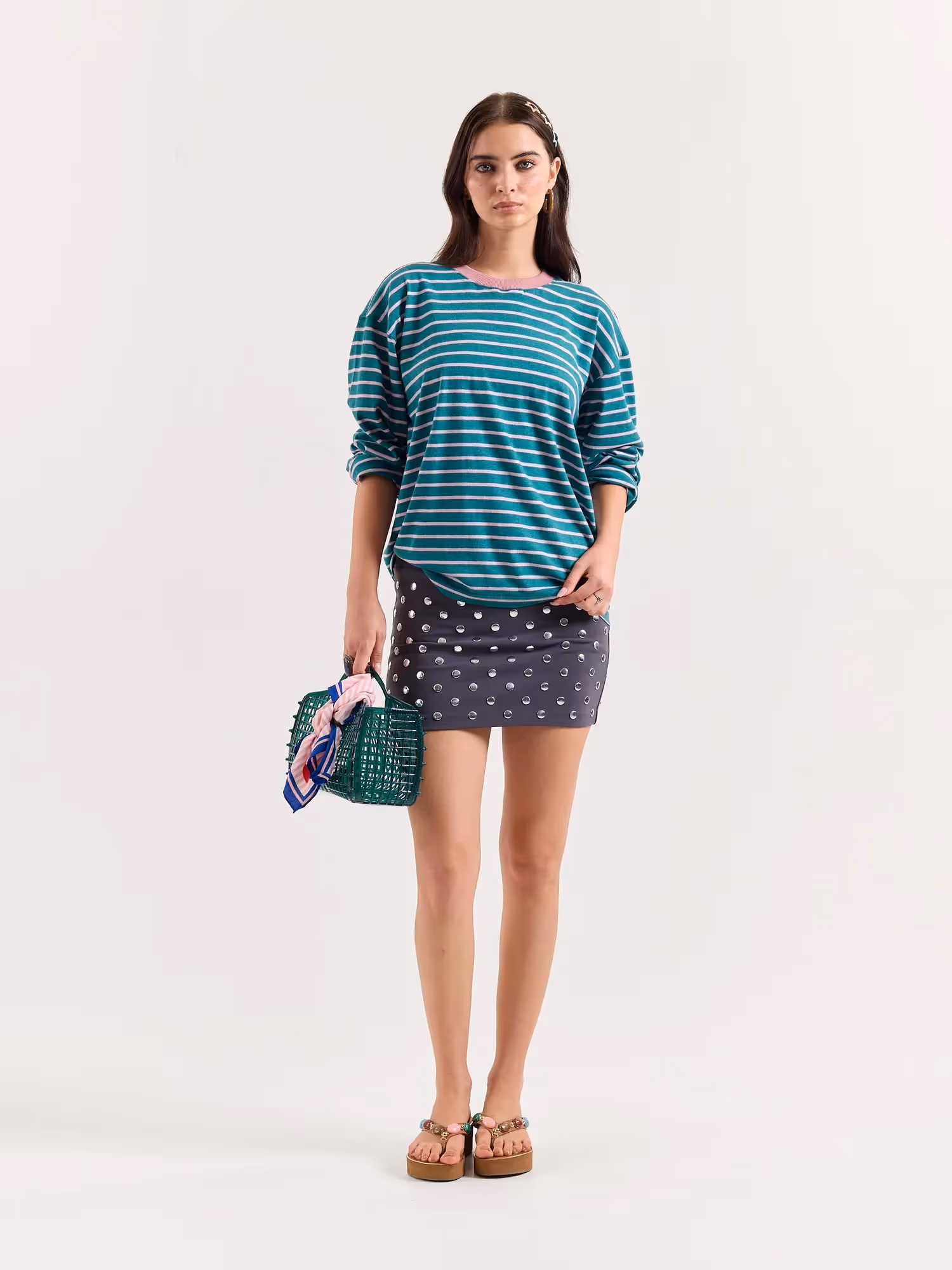 Teal Green and Pink Chambray Striped Cropped T-Shirt image 2