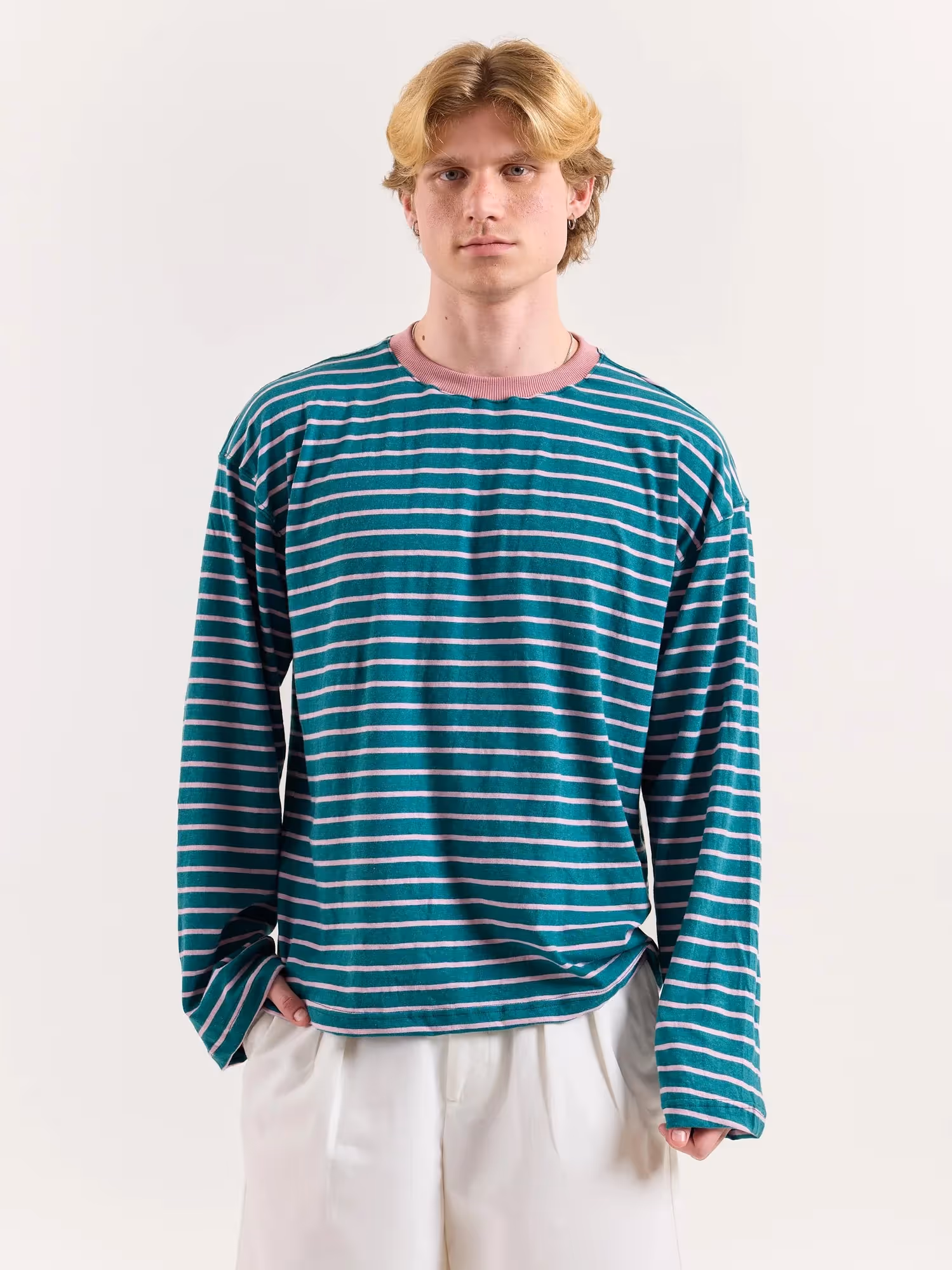 Teal Green and Pink Chambray Striped Cropped T-Shirt image 3