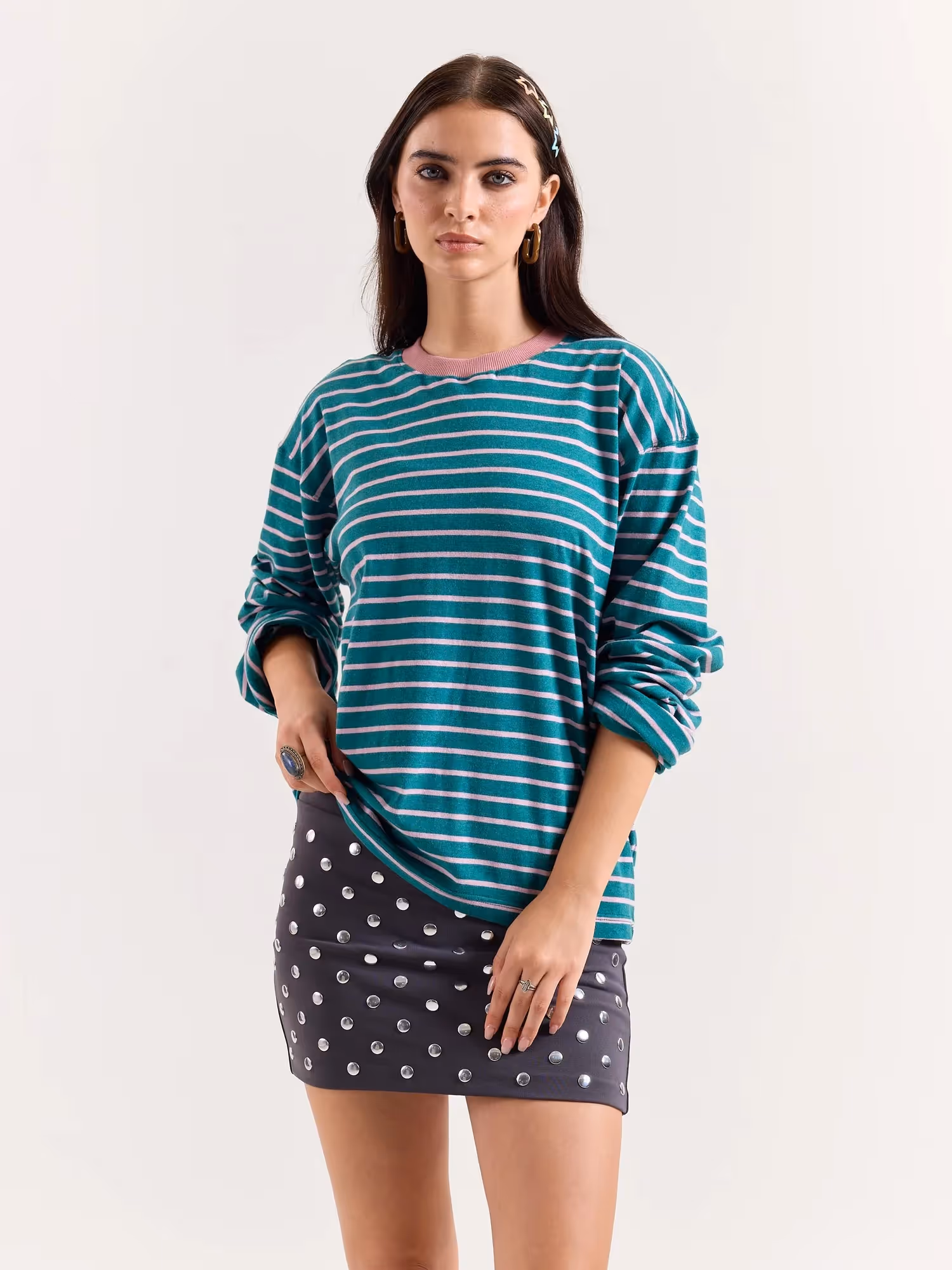 Teal Green and Pink Chambray Striped Cropped T-Shirt image 4