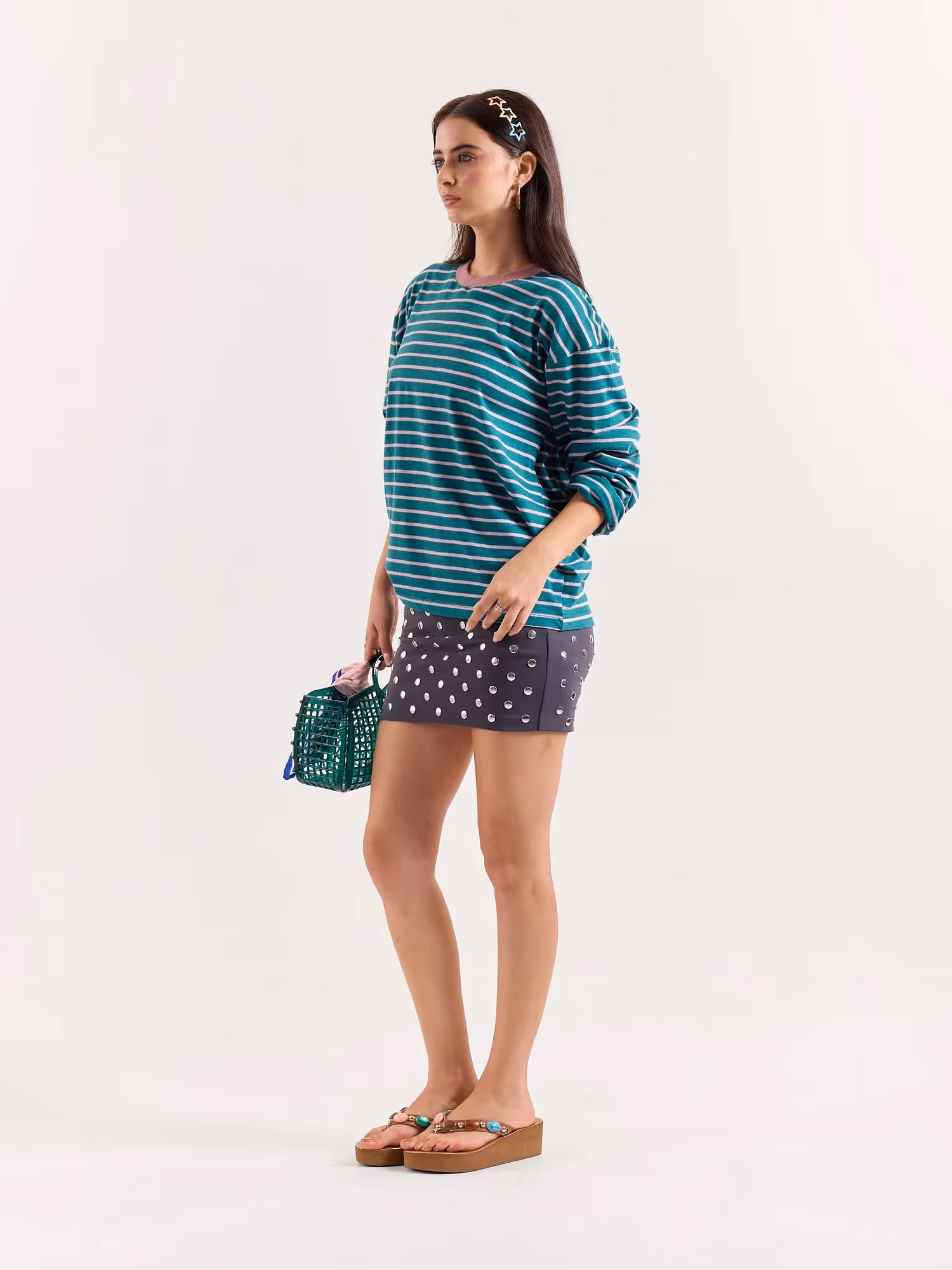 Teal Green and Pink Chambray Striped Cropped T-Shirt image 5