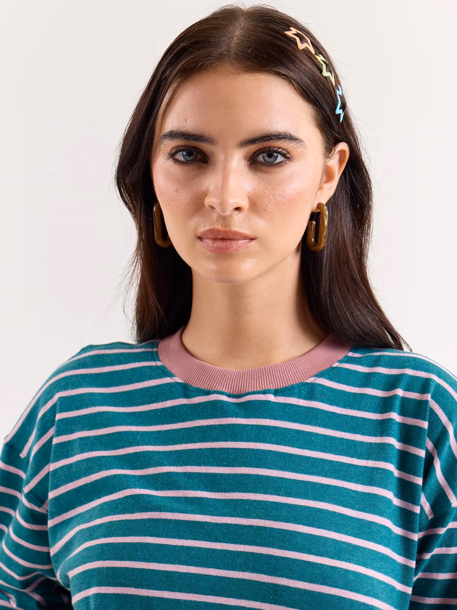 Teal Green and Pink Chambray Striped Cropped T-Shirt image 6