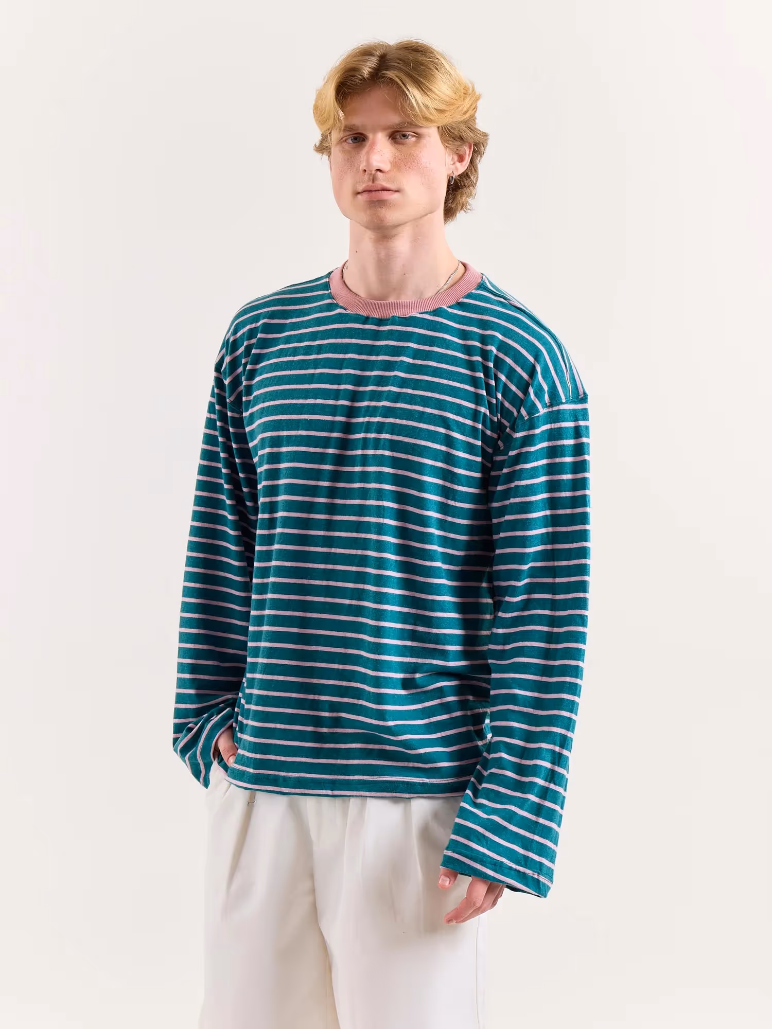 Teal Green and Pink Chambray Striped Cropped T-Shirt image 7