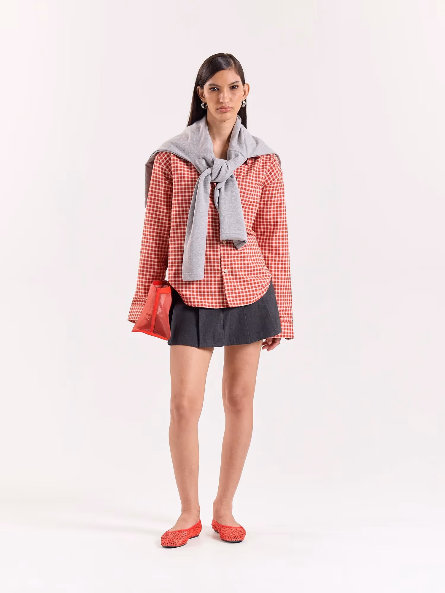 Tomato Red Gingham Checked Cropped Poplin Shirt  image 2