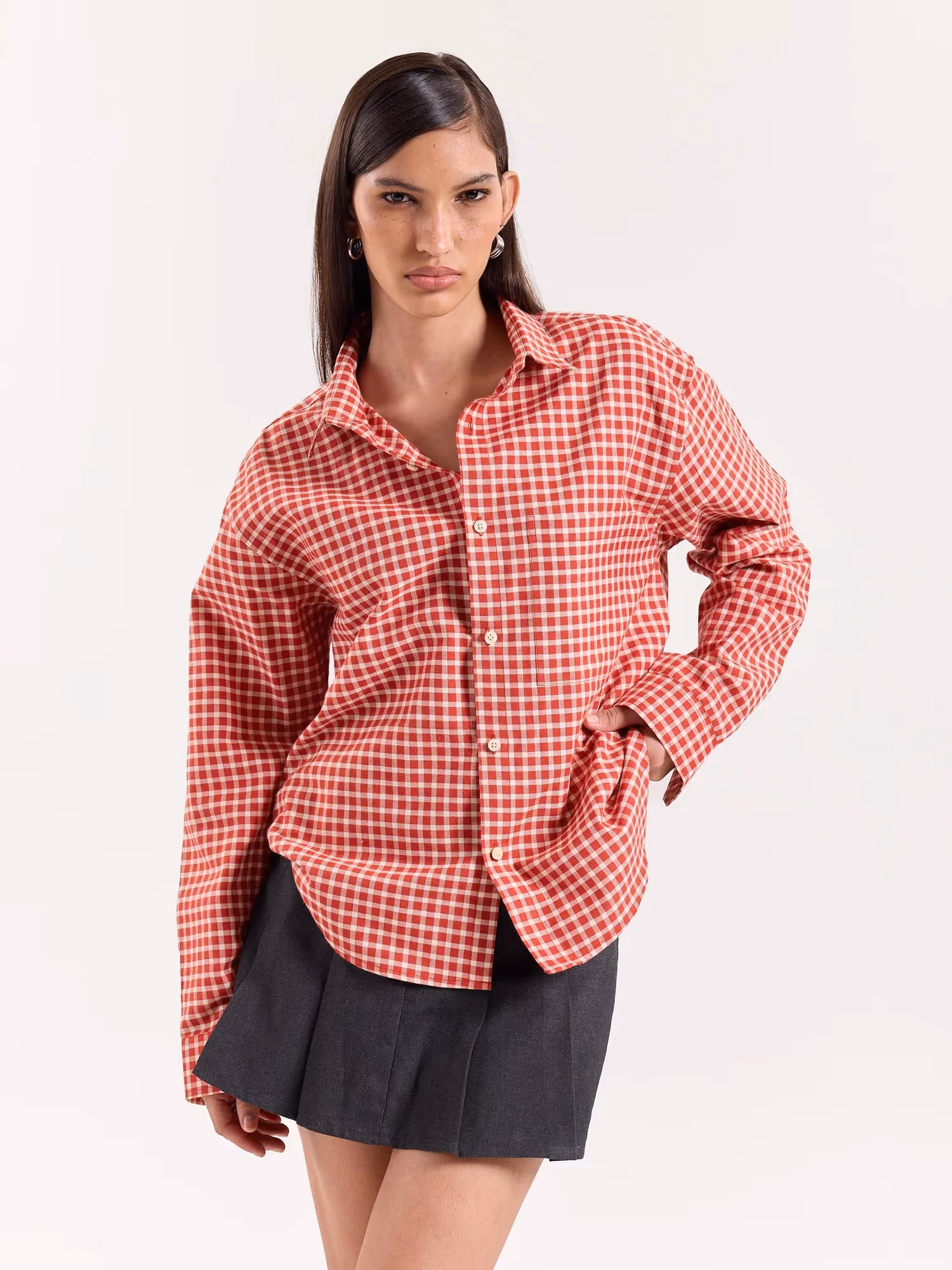 Tomato Red Gingham Checked Cropped Poplin Shirt  image 4