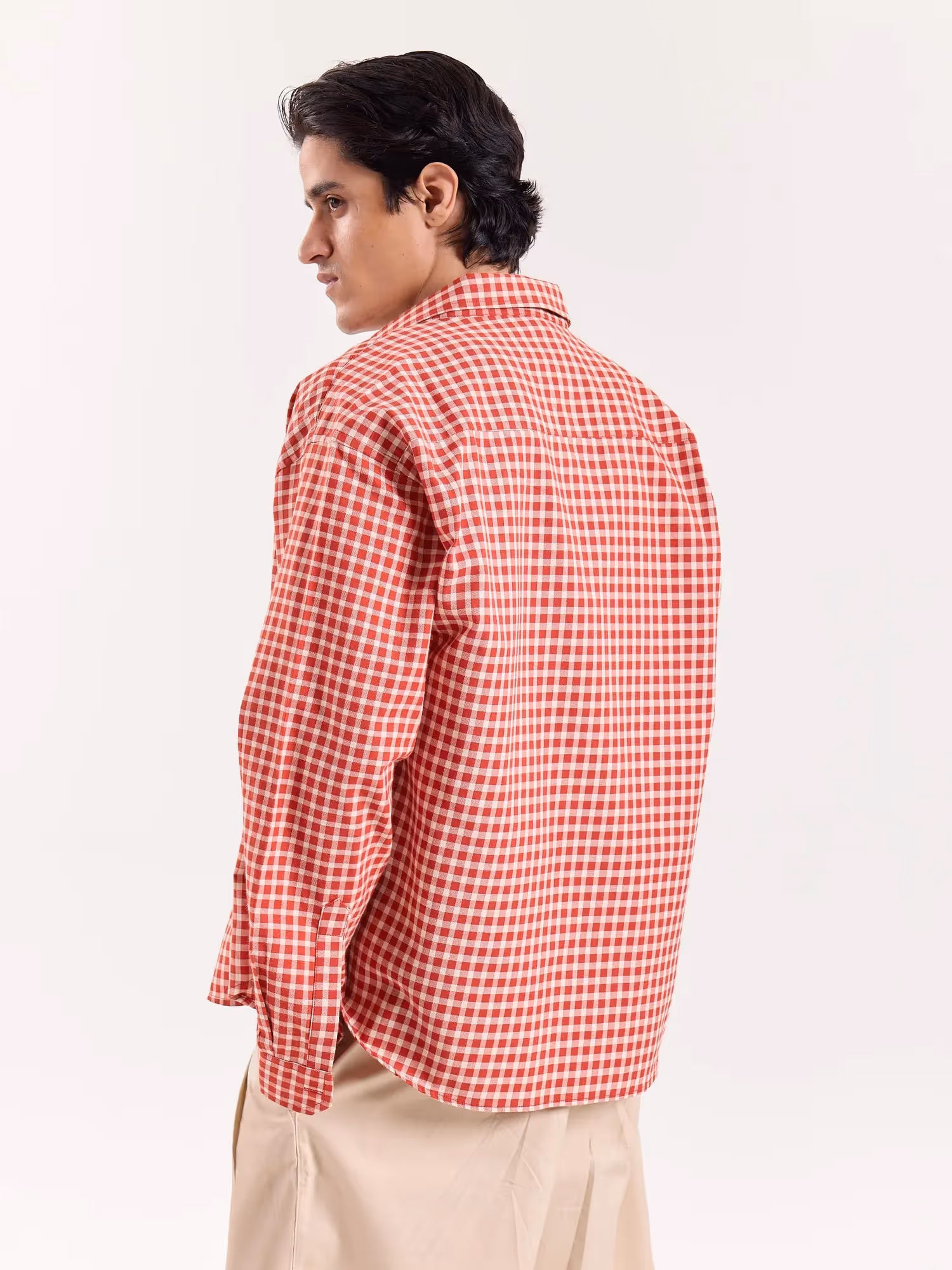 Tomato Red Gingham Checked Cropped Poplin Shirt  image 5