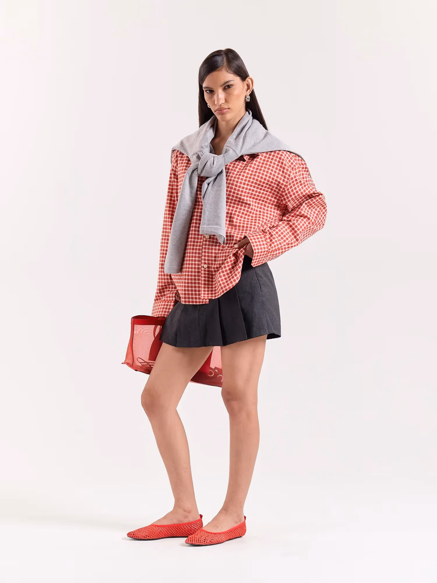Tomato Red Gingham Checked Cropped Poplin Shirt  image 8