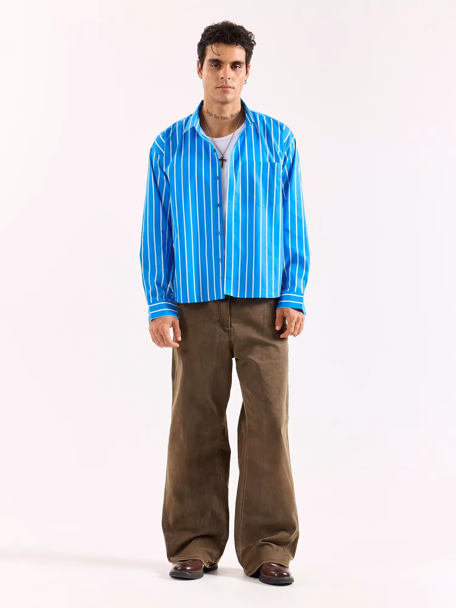 Turquoise Blue Striped Poplin Oversized Shirt image 1