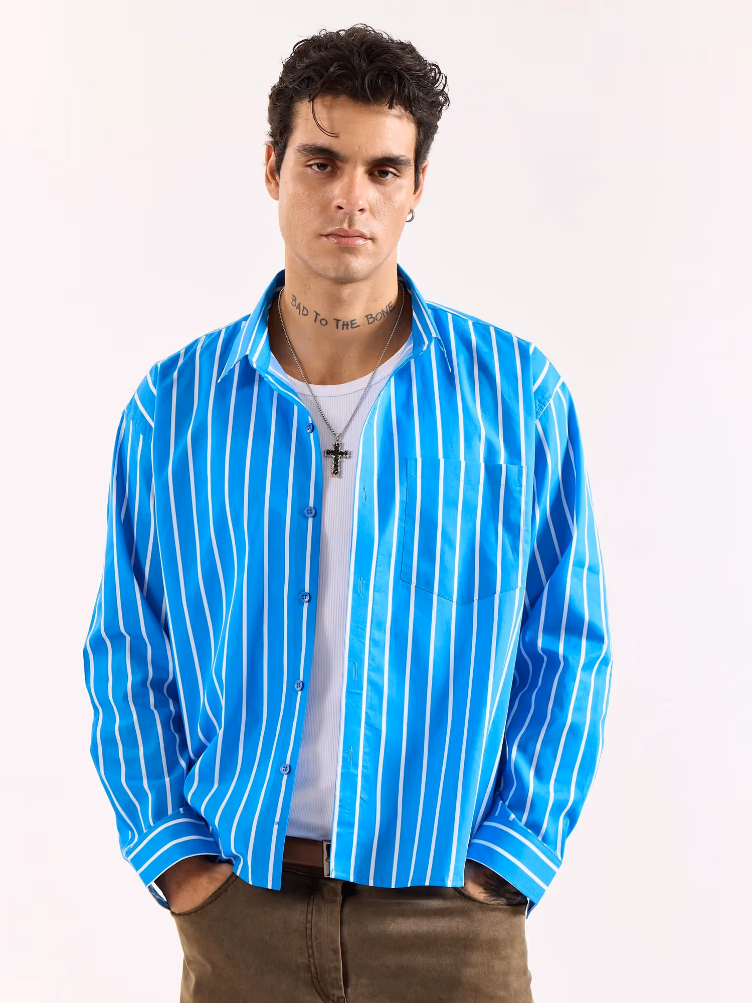 Turquoise Blue Striped Poplin Oversized Shirt image 3