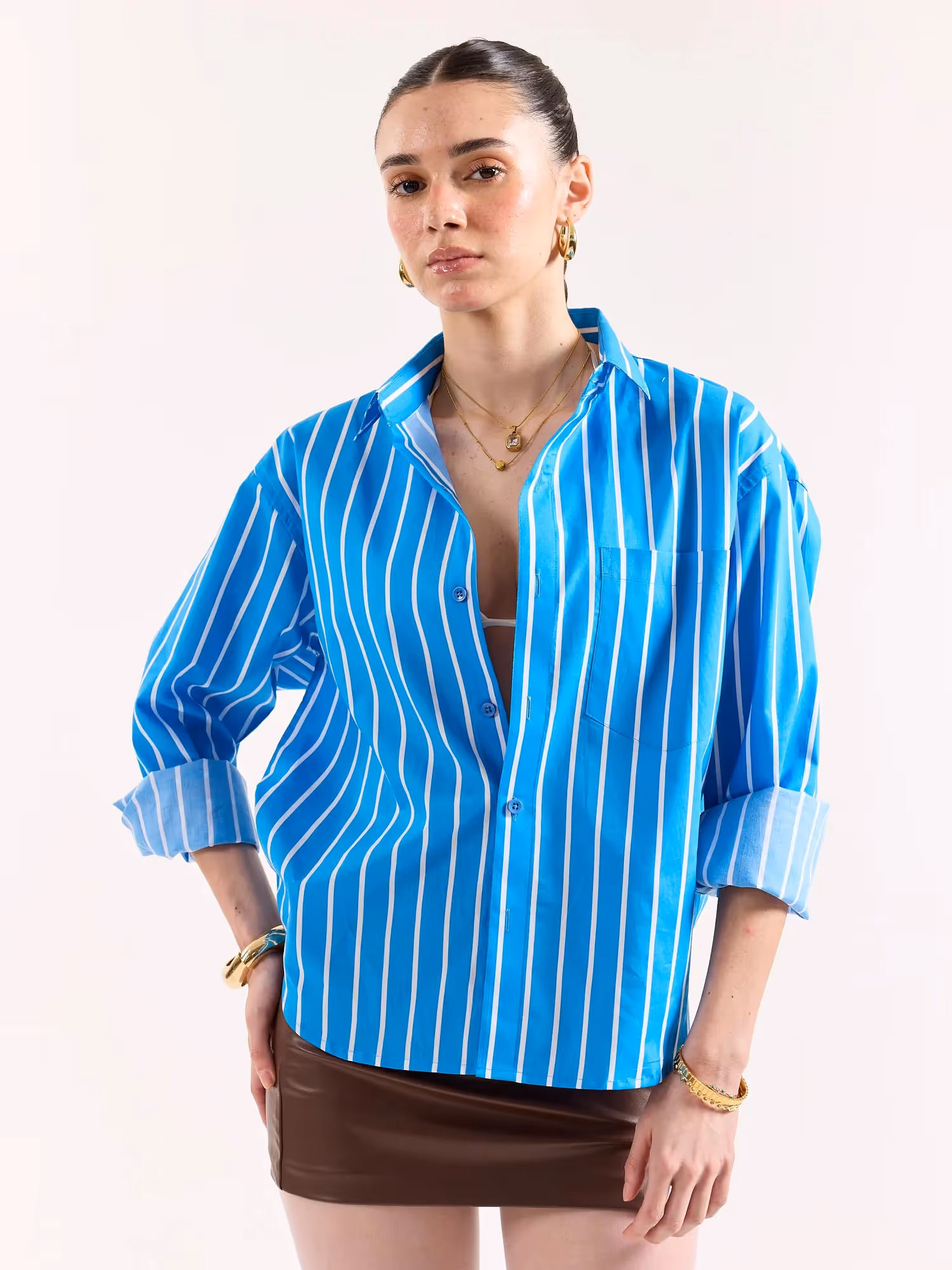 Turquoise Blue Striped Poplin Oversized Shirt image 4