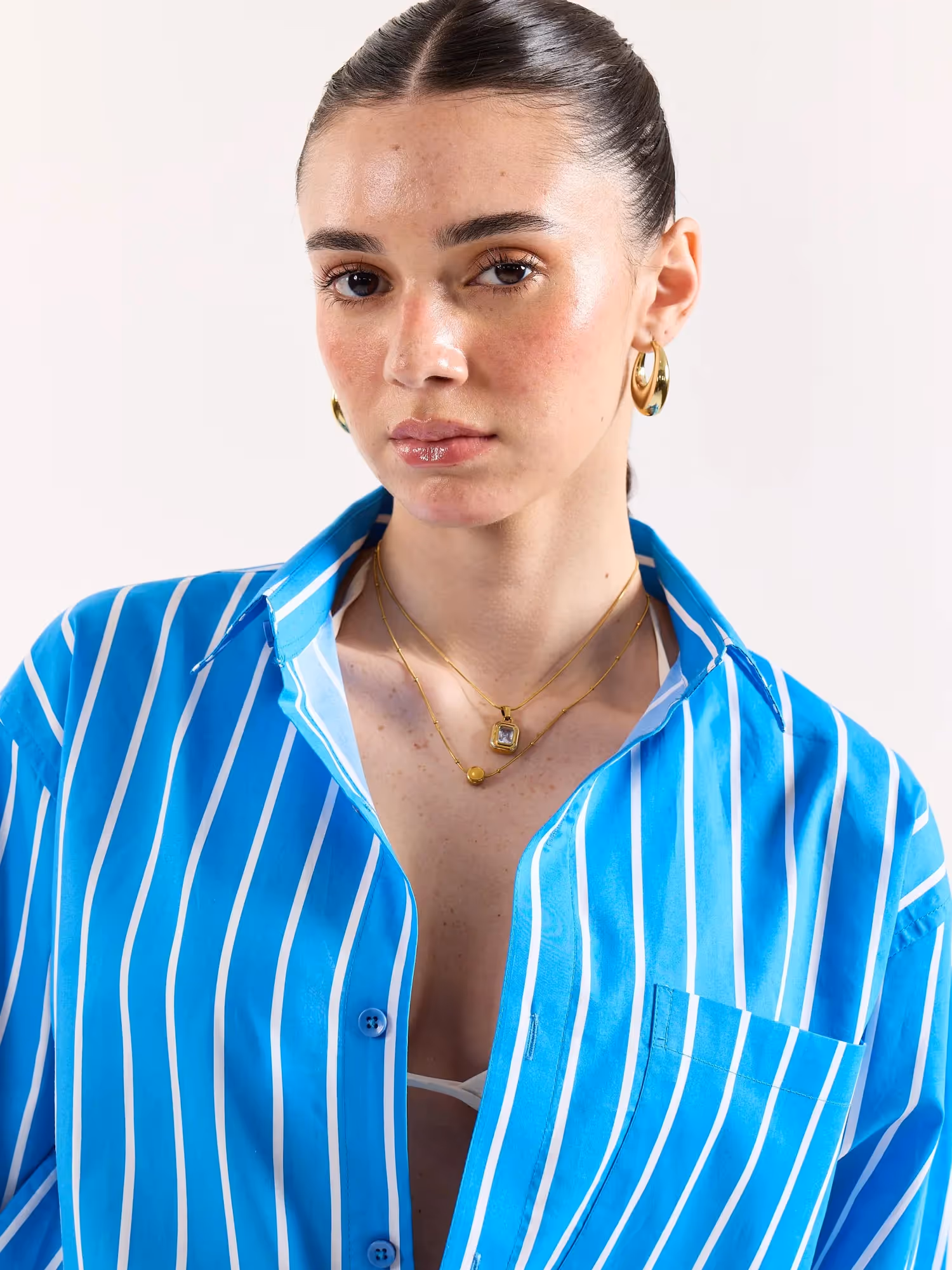 Turquoise Blue Striped Poplin Oversized Shirt image 5