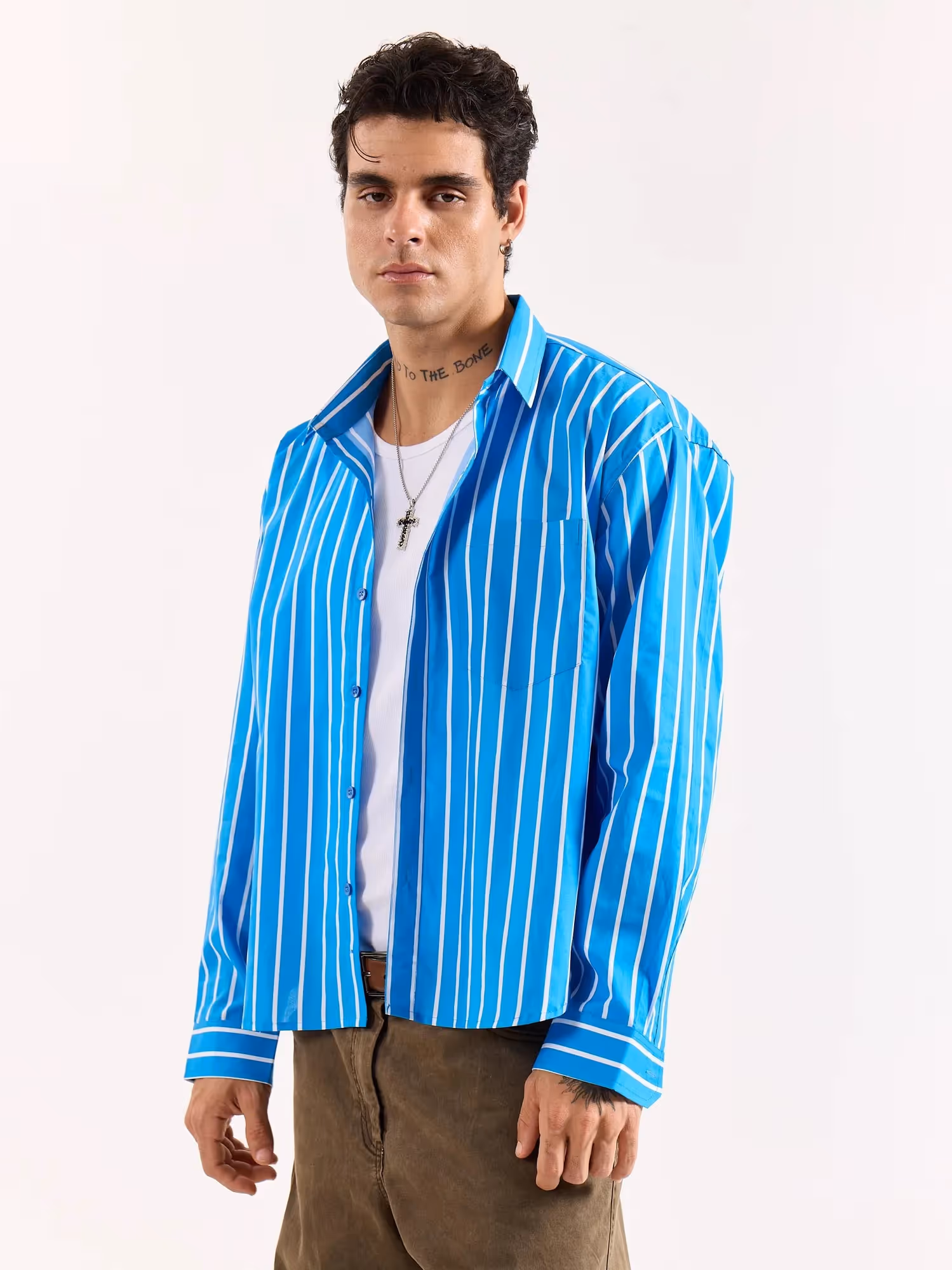 Turquoise Blue Striped Poplin Oversized Shirt image 6