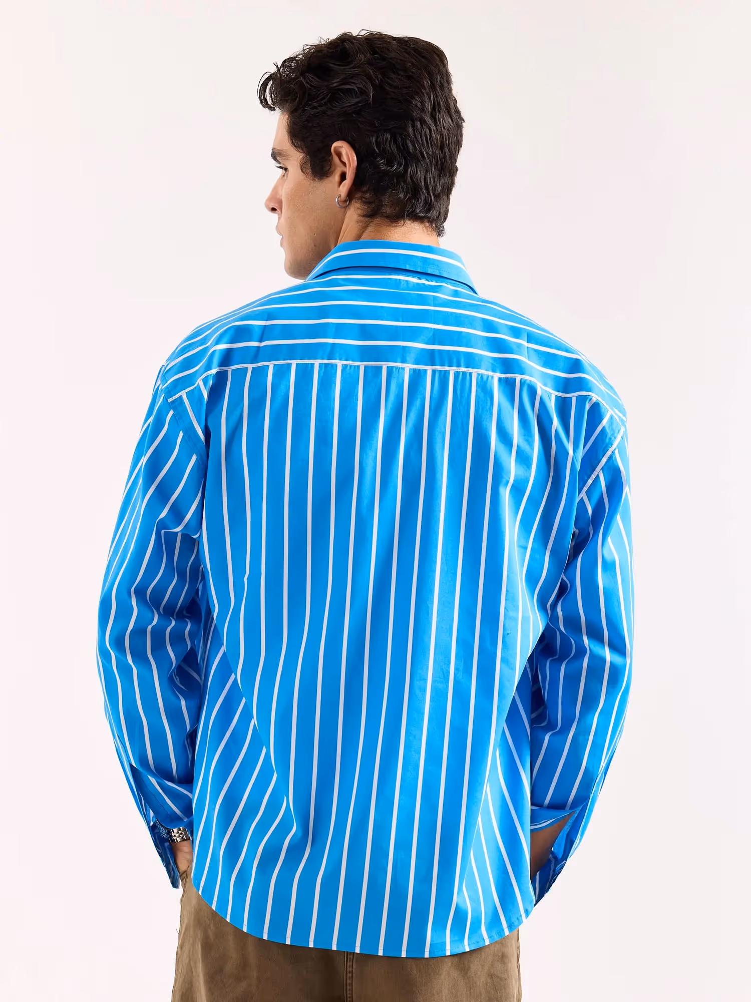 Turquoise Blue Striped Poplin Oversized Shirt image 8