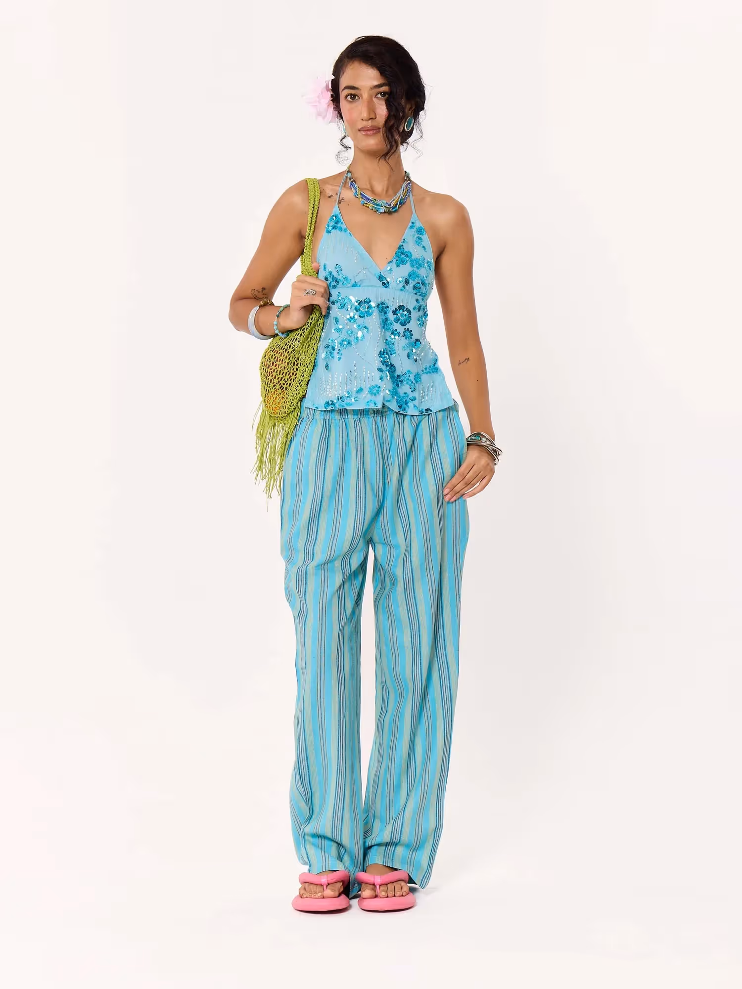 Turquoise Striped Pull-on Pants  image 3