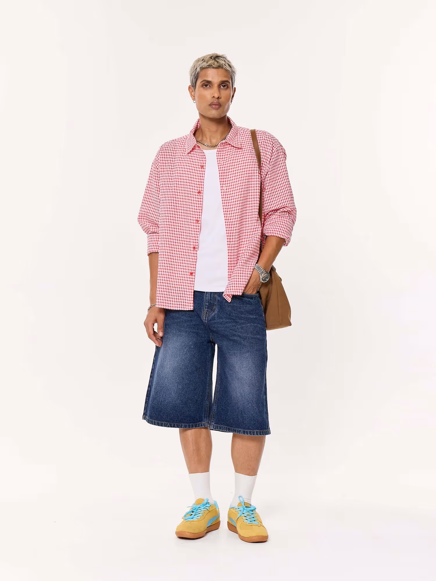 Vibrant Red Checkered Oversized Cropped Shirt image 1
