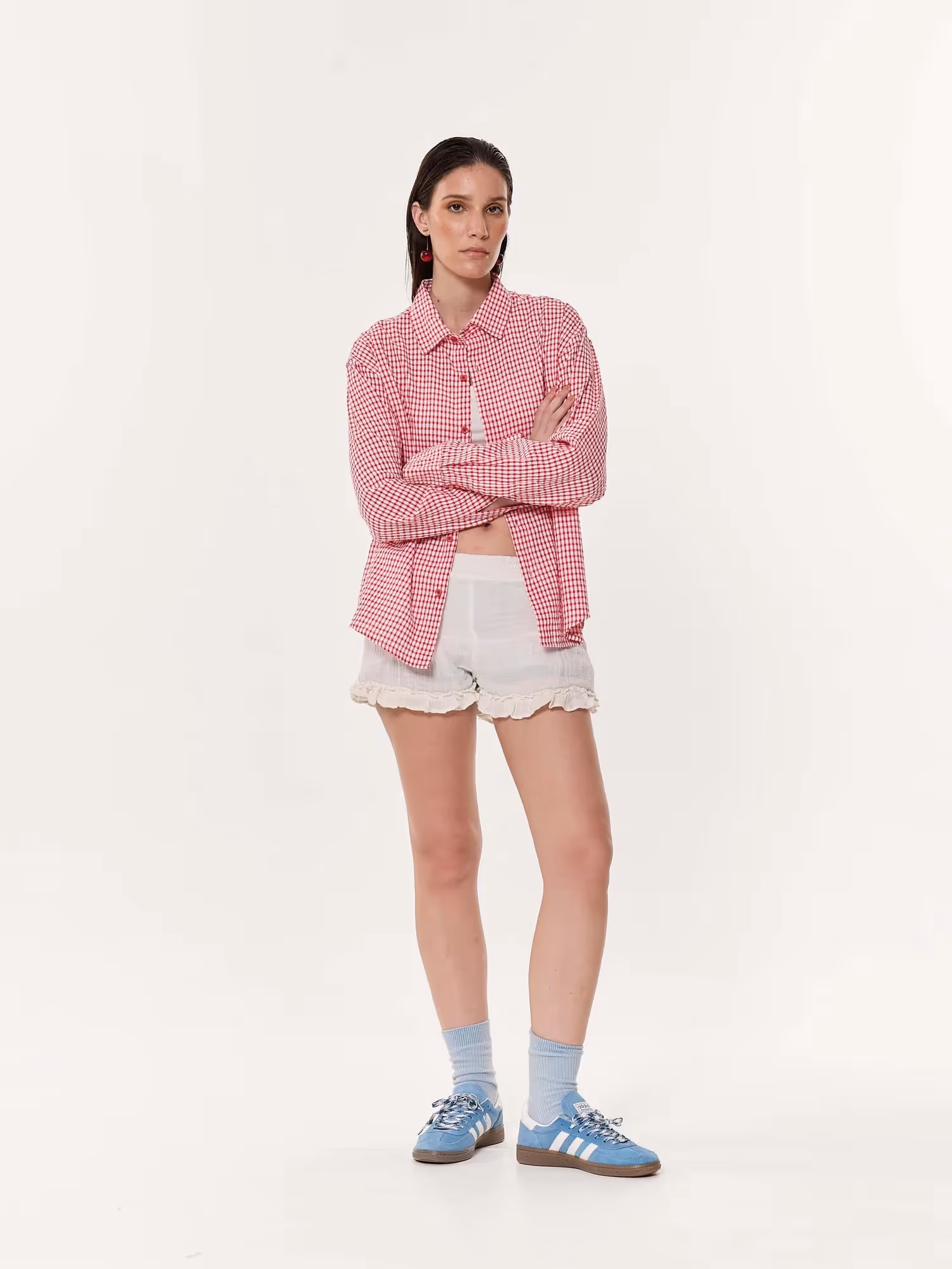 Vibrant Red Checkered Oversized Cropped Shirt image 2