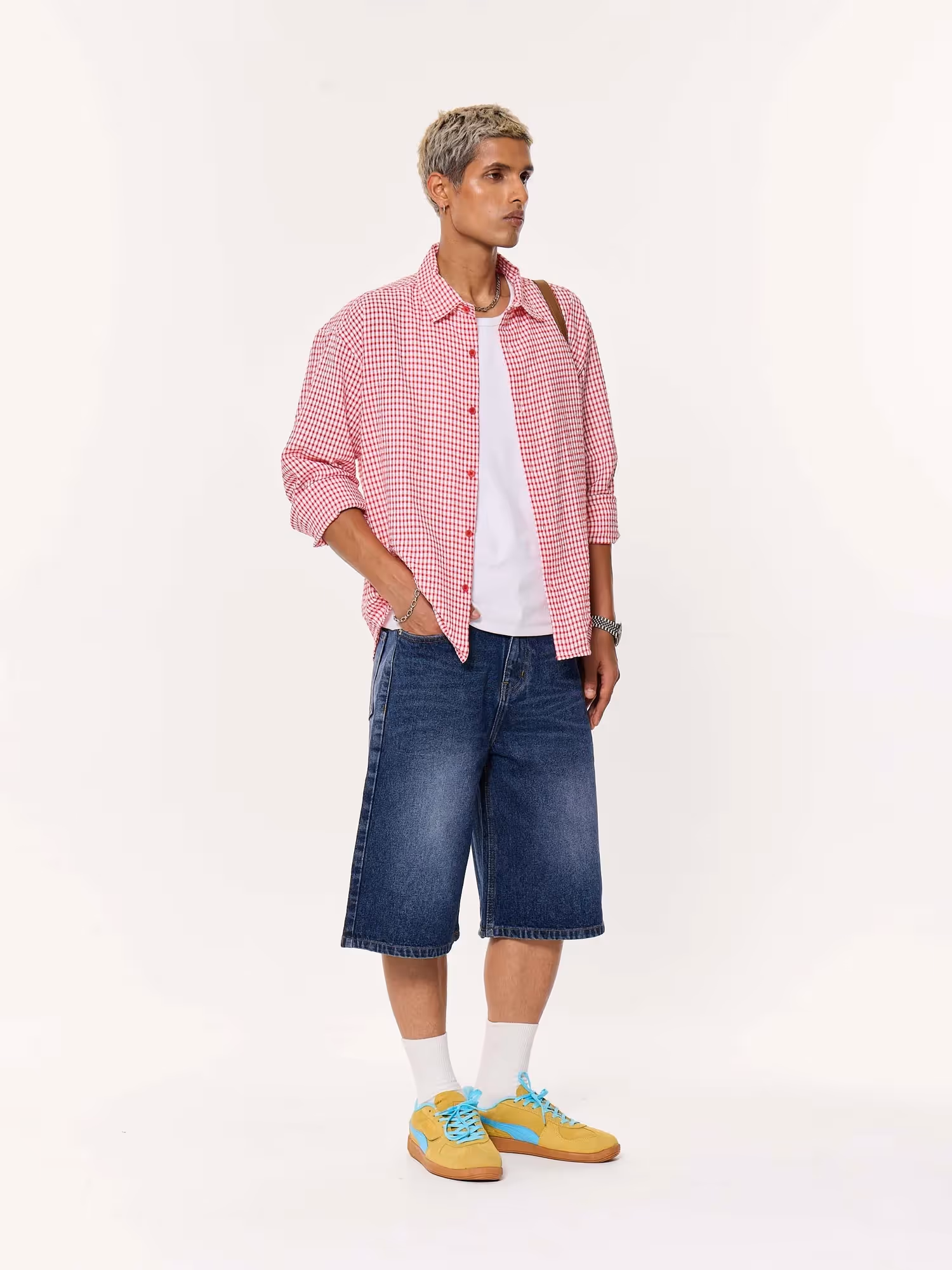 Vibrant Red Checkered Oversized Cropped Shirt image 3
