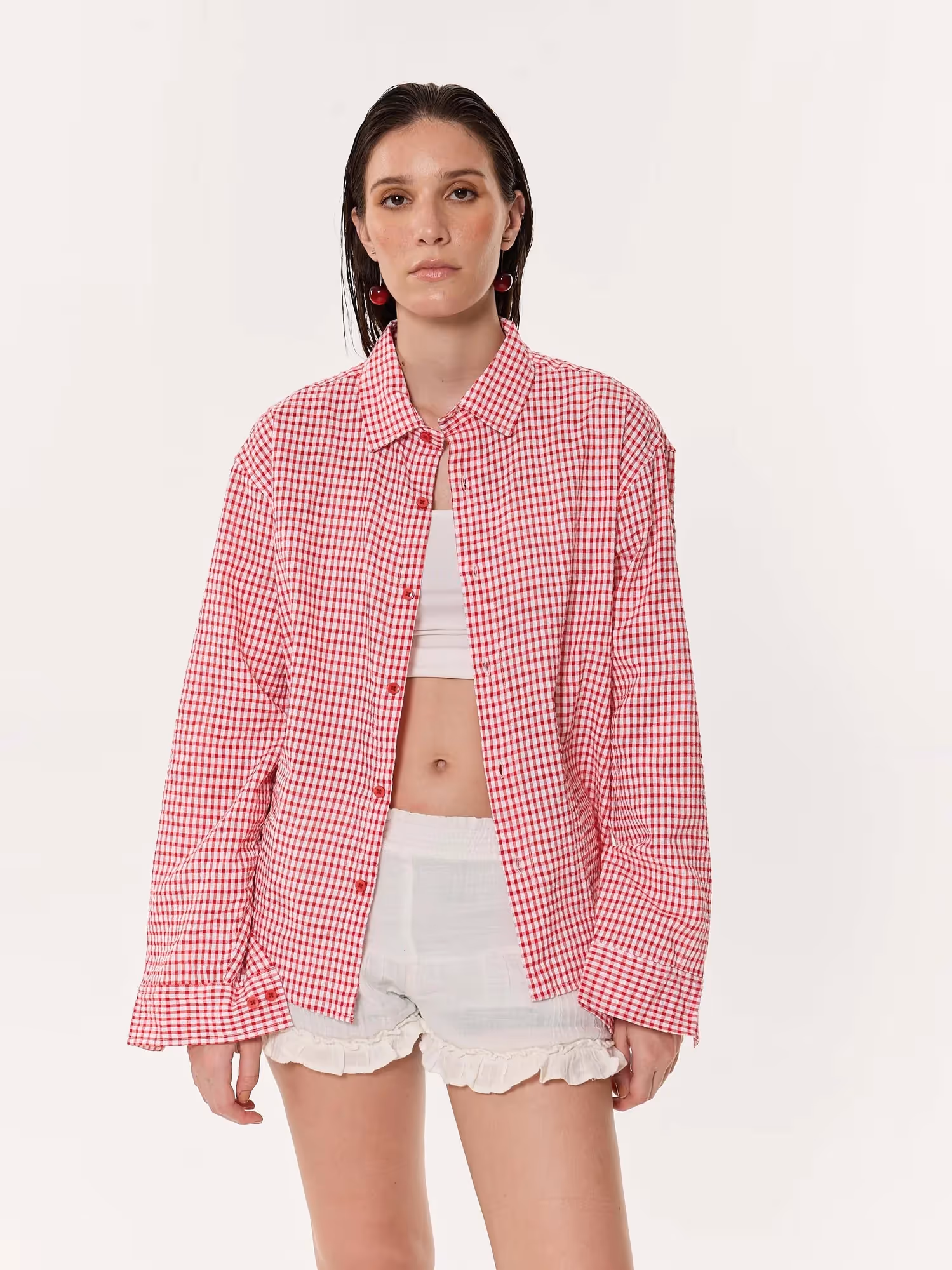 Vibrant Red Checkered Oversized Cropped Shirt image 4