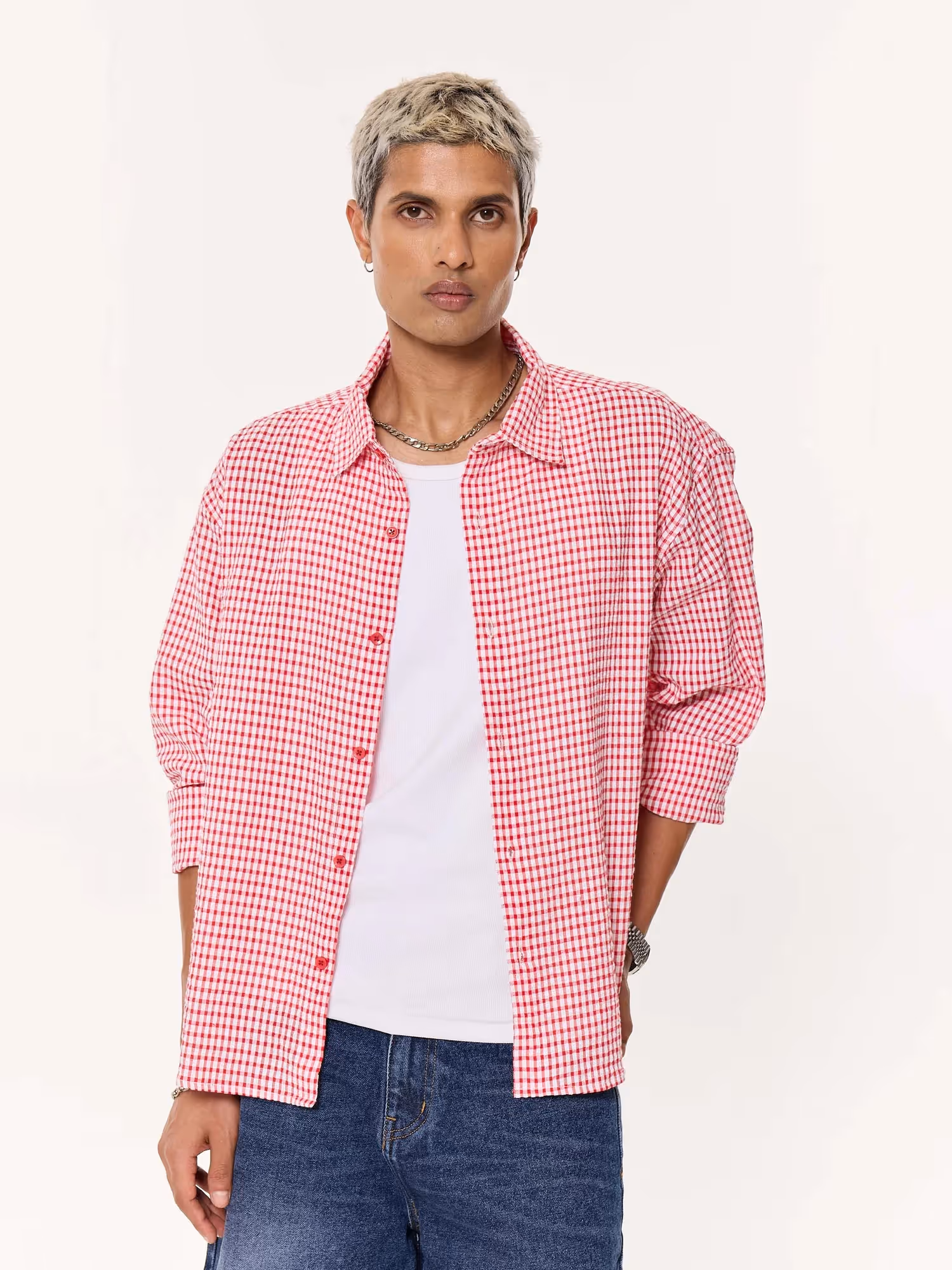 Vibrant Red Checkered Oversized Cropped Shirt image 5