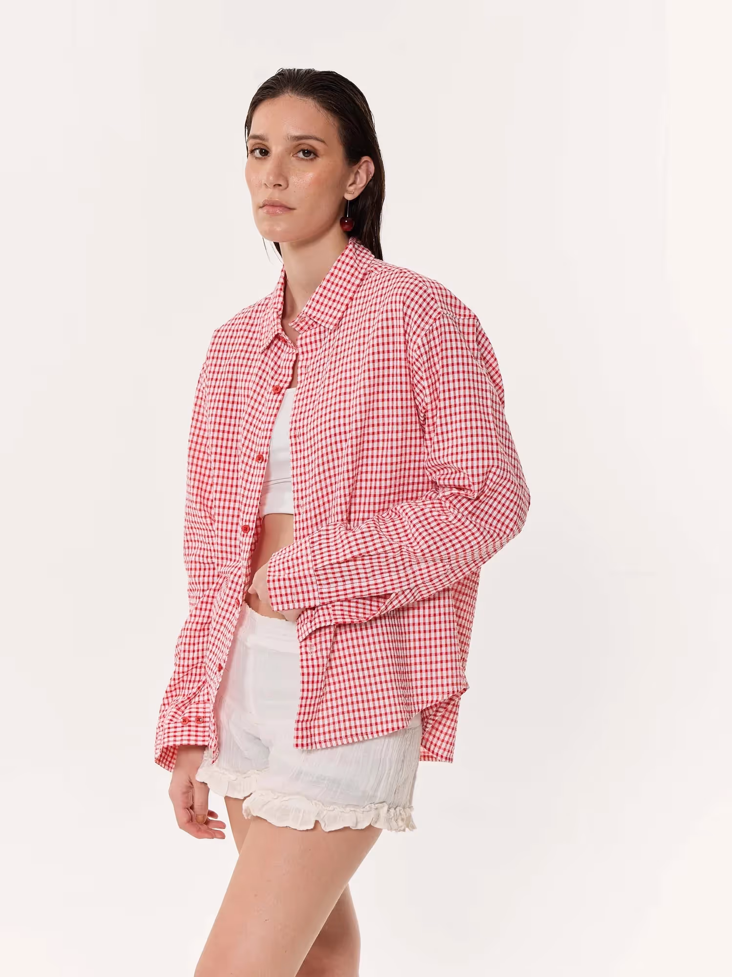 Vibrant Red Checkered Oversized Cropped Shirt image 6