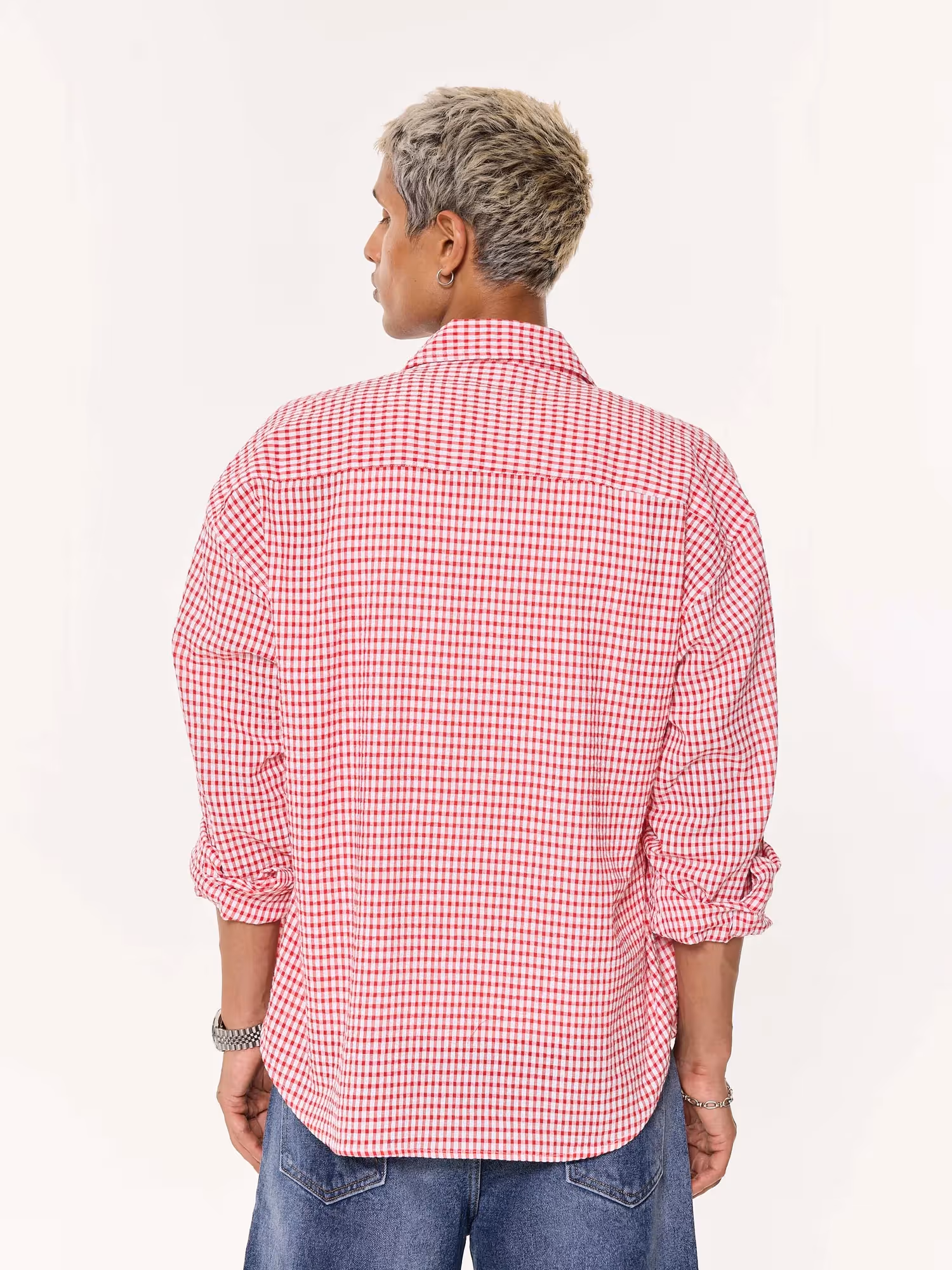 Vibrant Red Checkered Oversized Cropped Shirt image 7