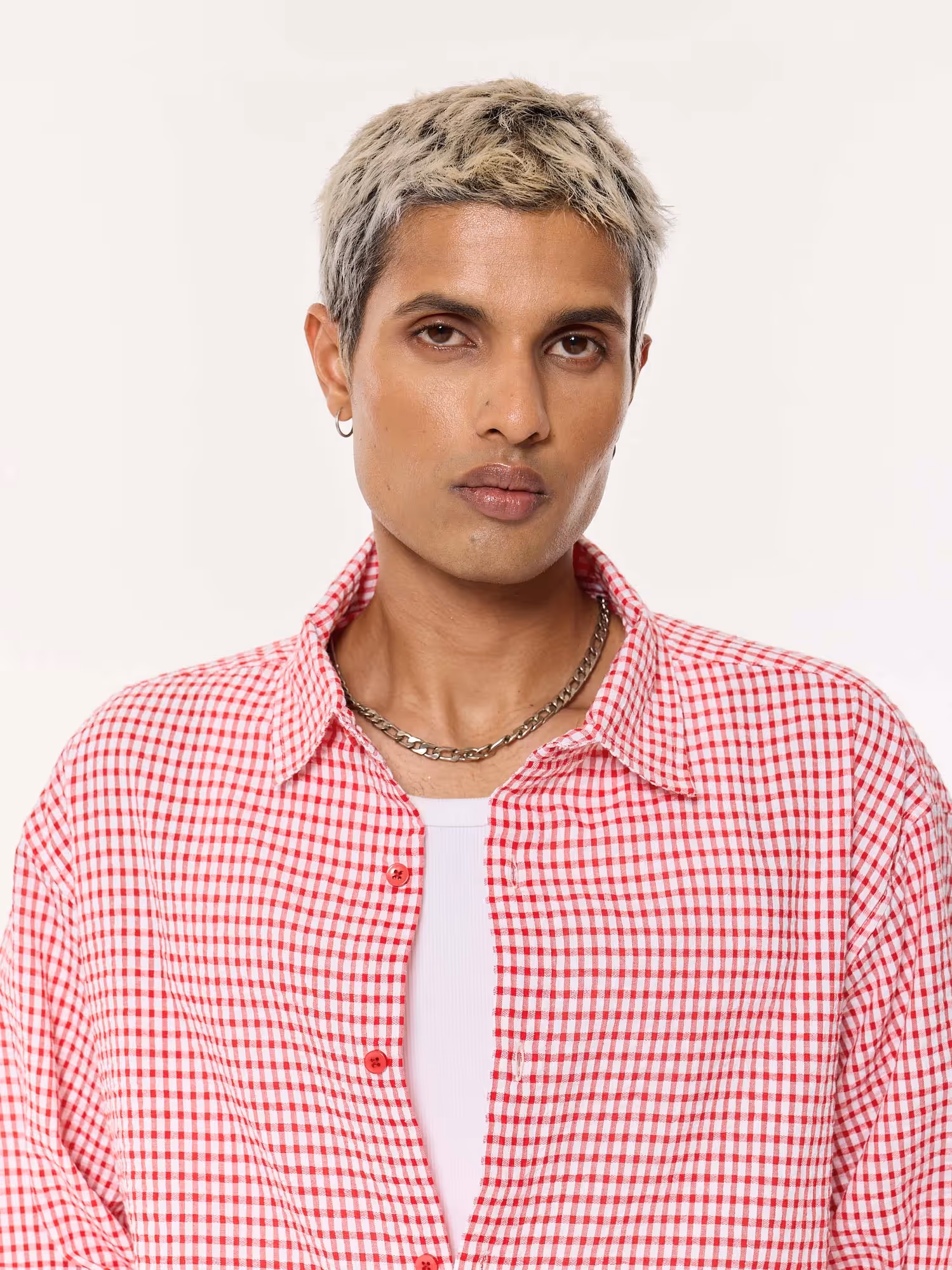 Vibrant Red Checkered Oversized Cropped Shirt image 8