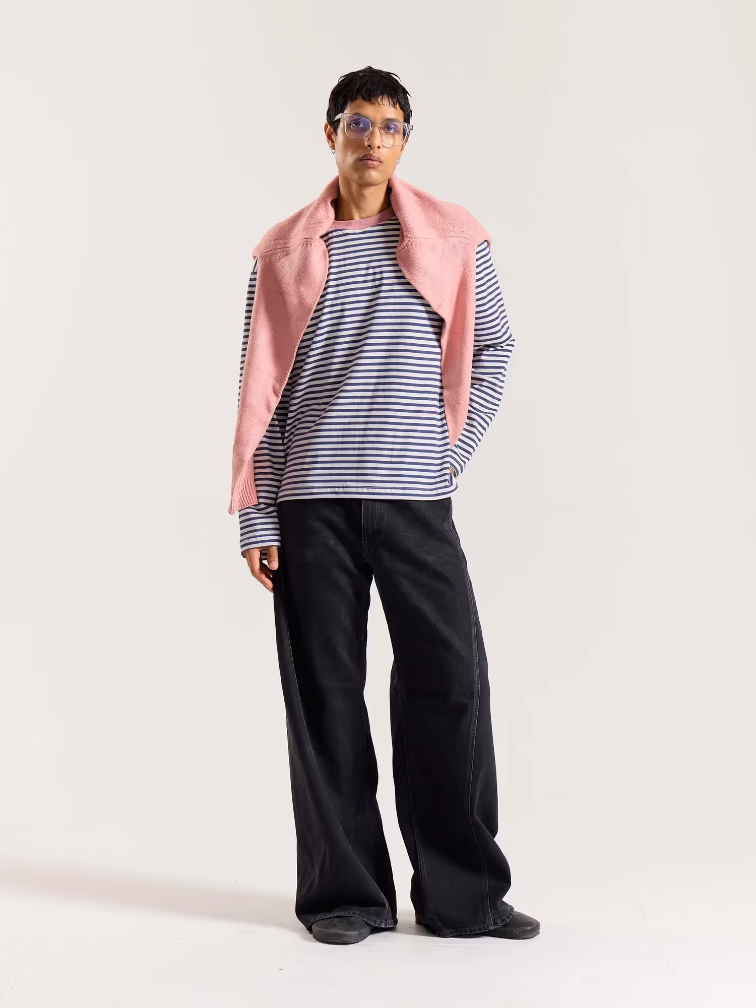 Vintage Blue Striped Loose Fit Cropped T-Shirt image 1