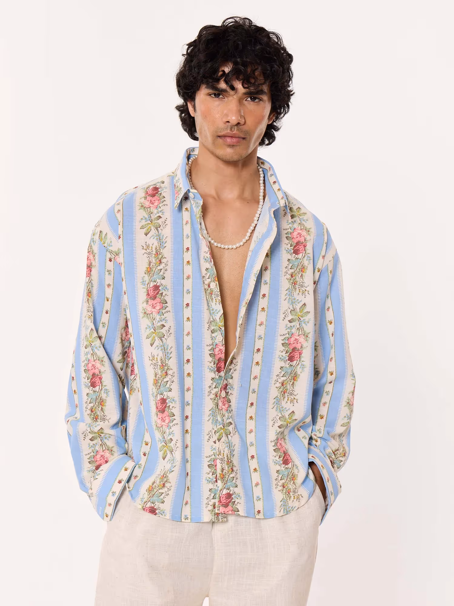 Vintage Floral Striped Cropped Shirt image 3