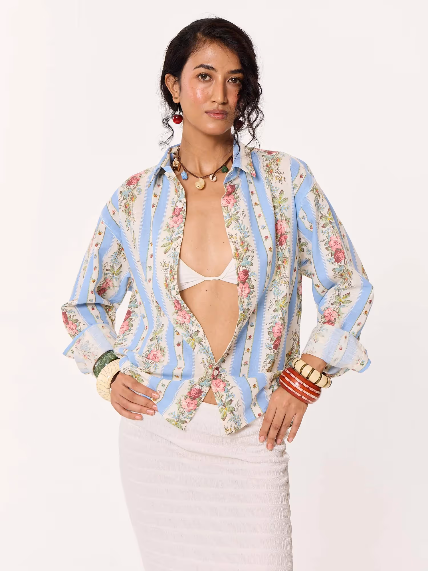 Vintage Floral Striped Cropped Shirt image 4
