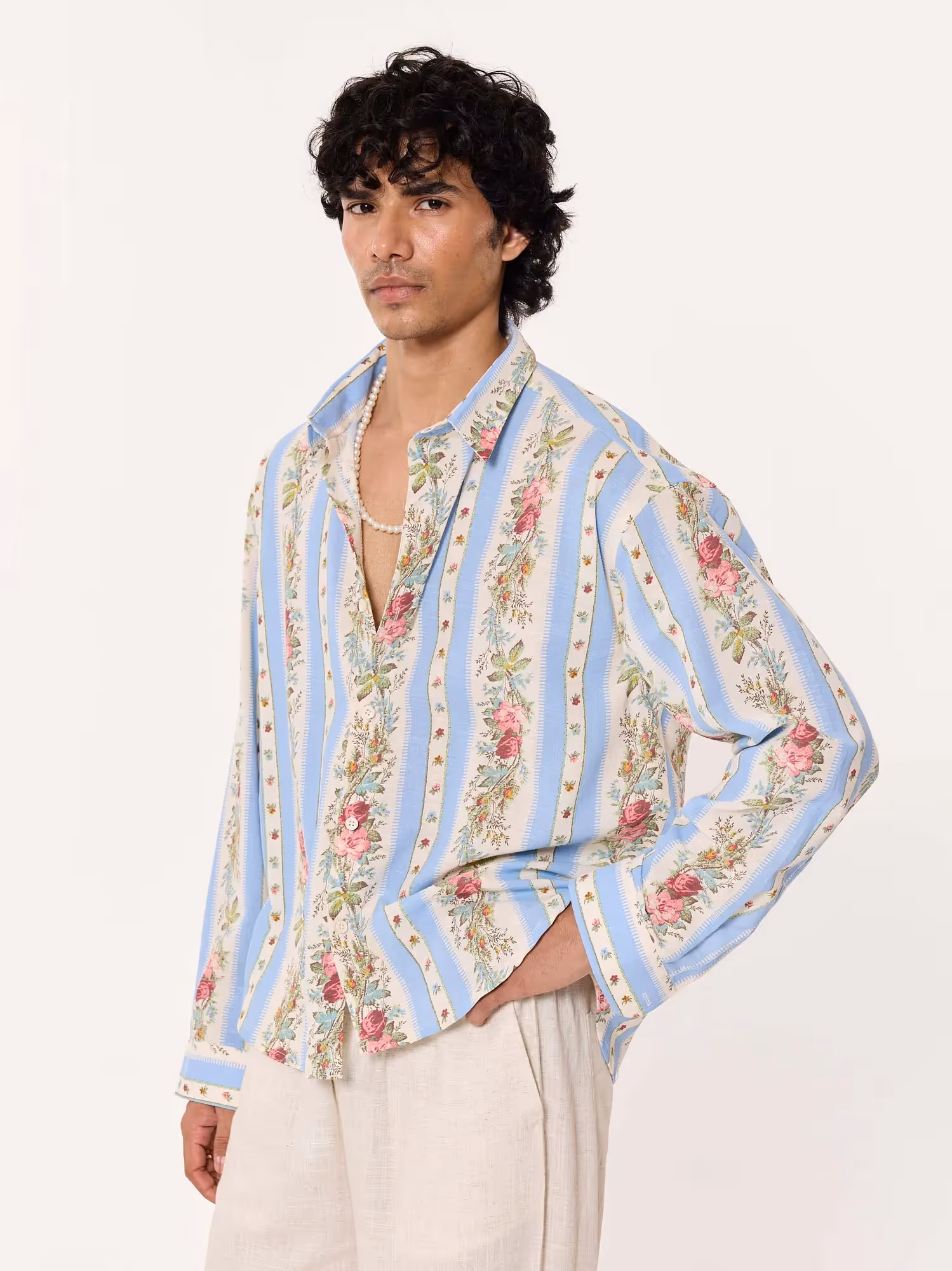 Vintage Floral Striped Cropped Shirt image 5