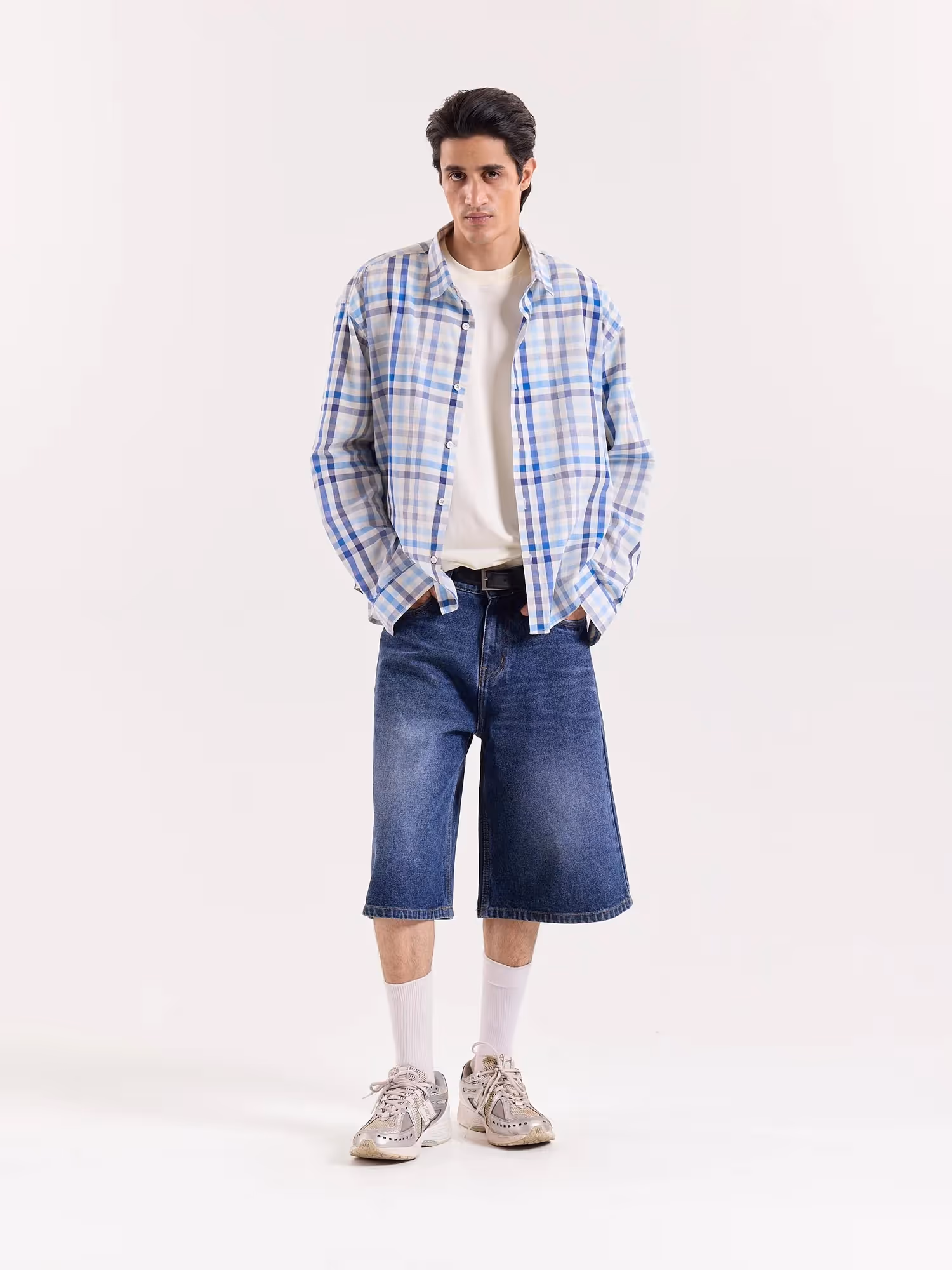 White & Blue Checkered Cropped Shirt image 1