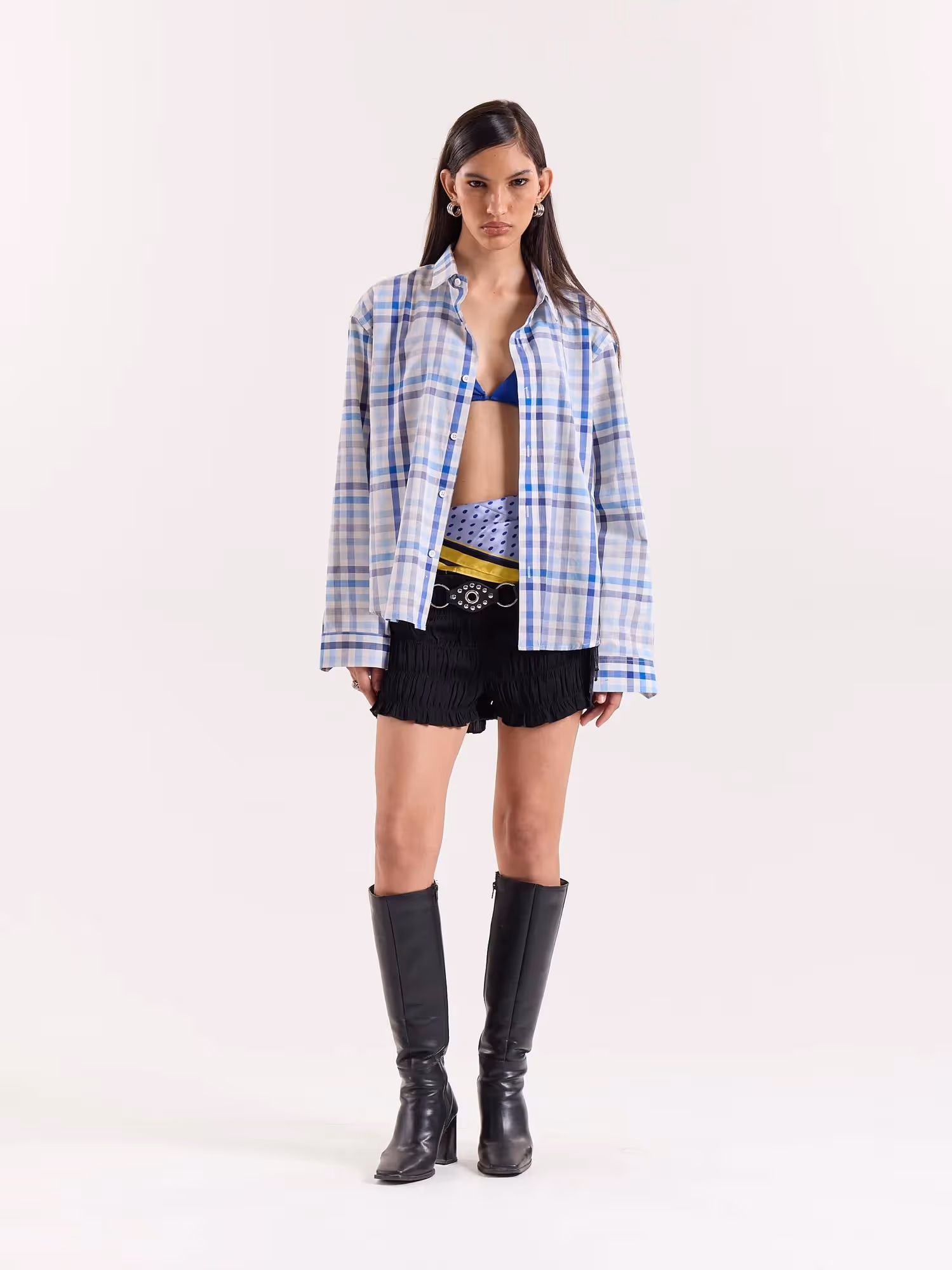 White & Blue Checkered Cropped Shirt image 2