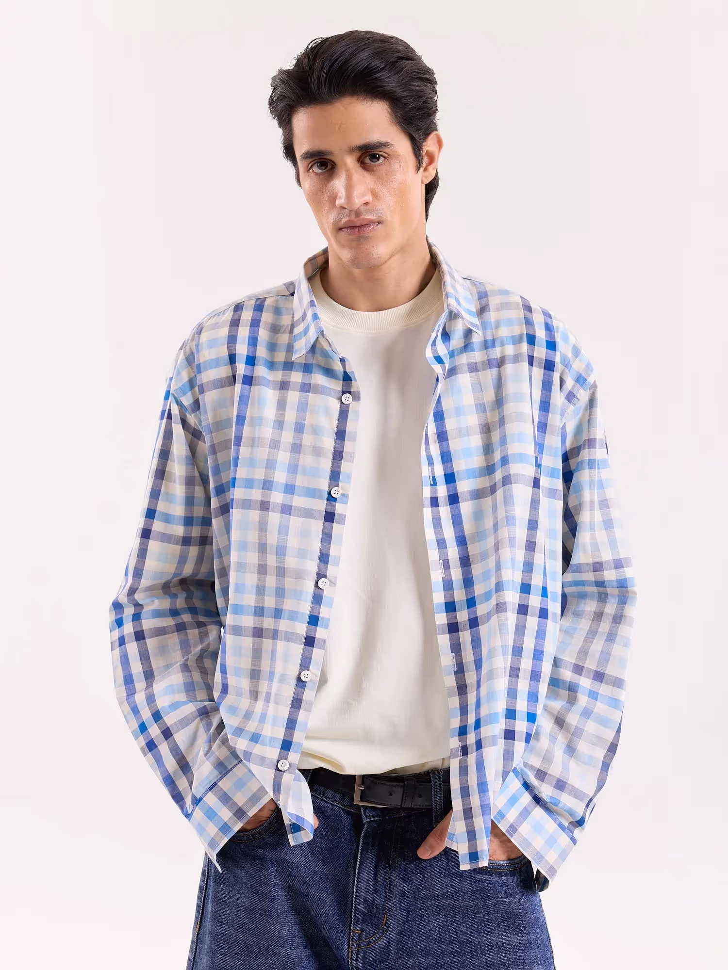 White & Blue Checkered Cropped Shirt image 3