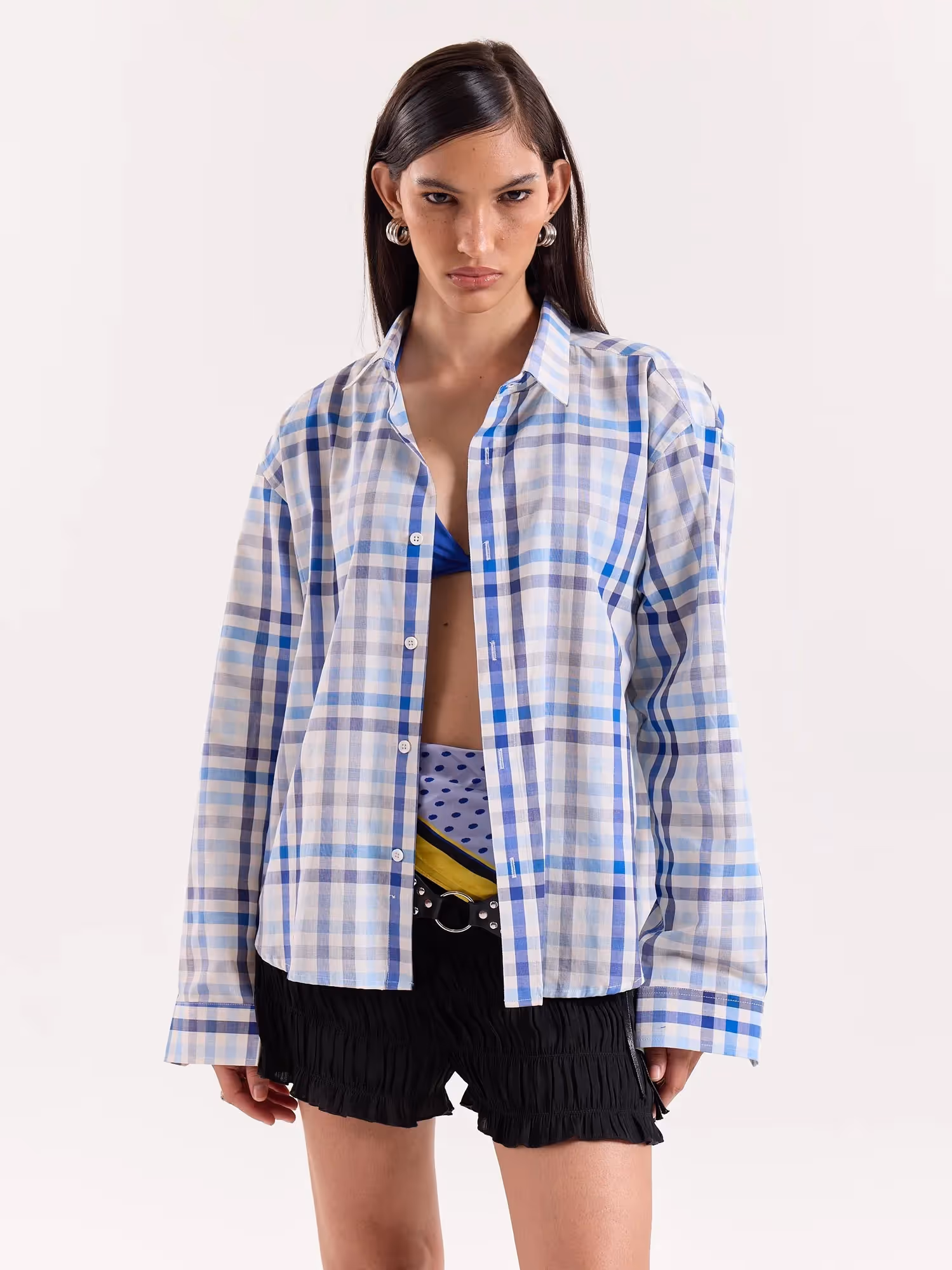 White & Blue Checkered Cropped Shirt image 4