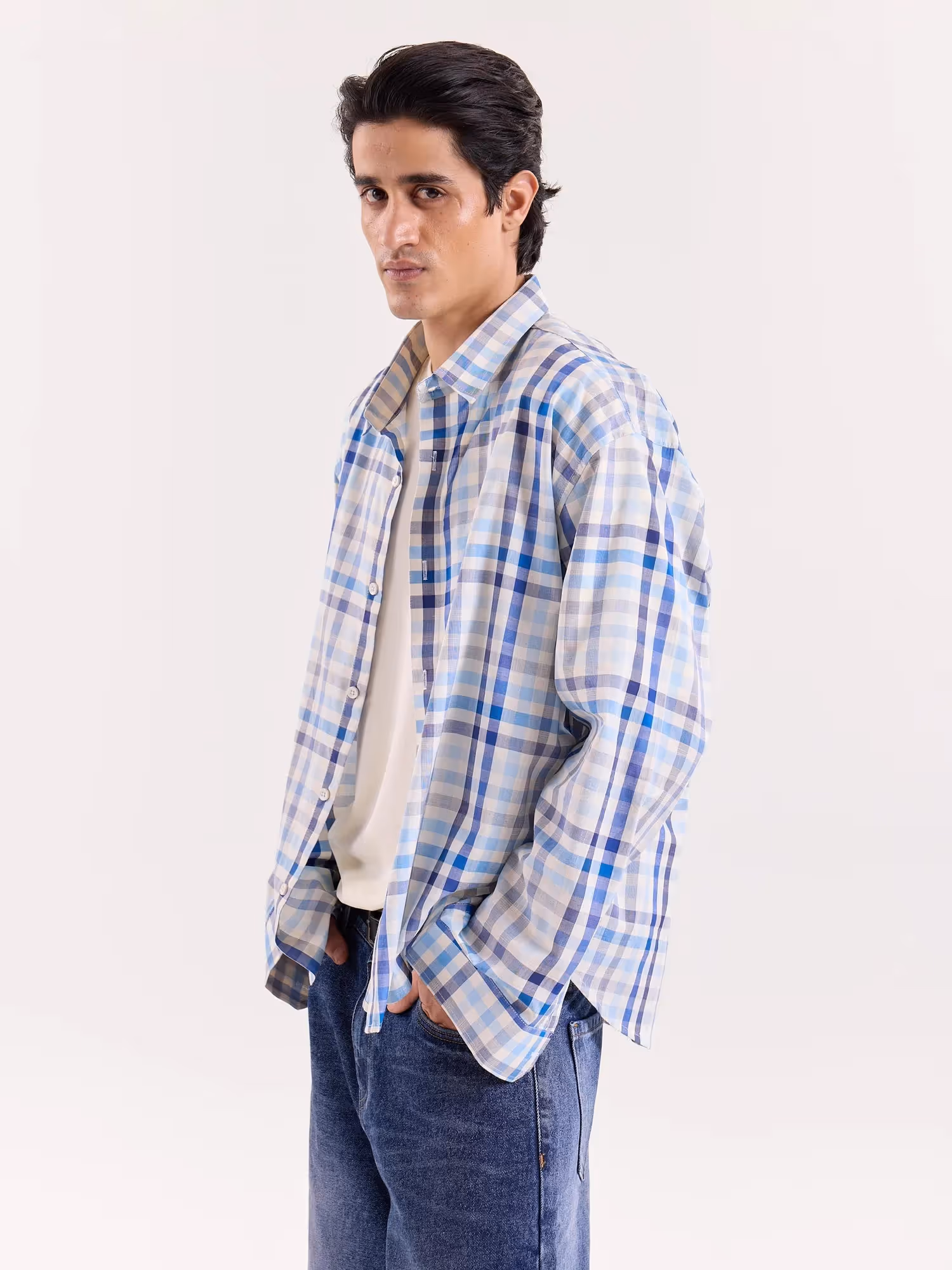 White & Blue Checkered Cropped Shirt image 5