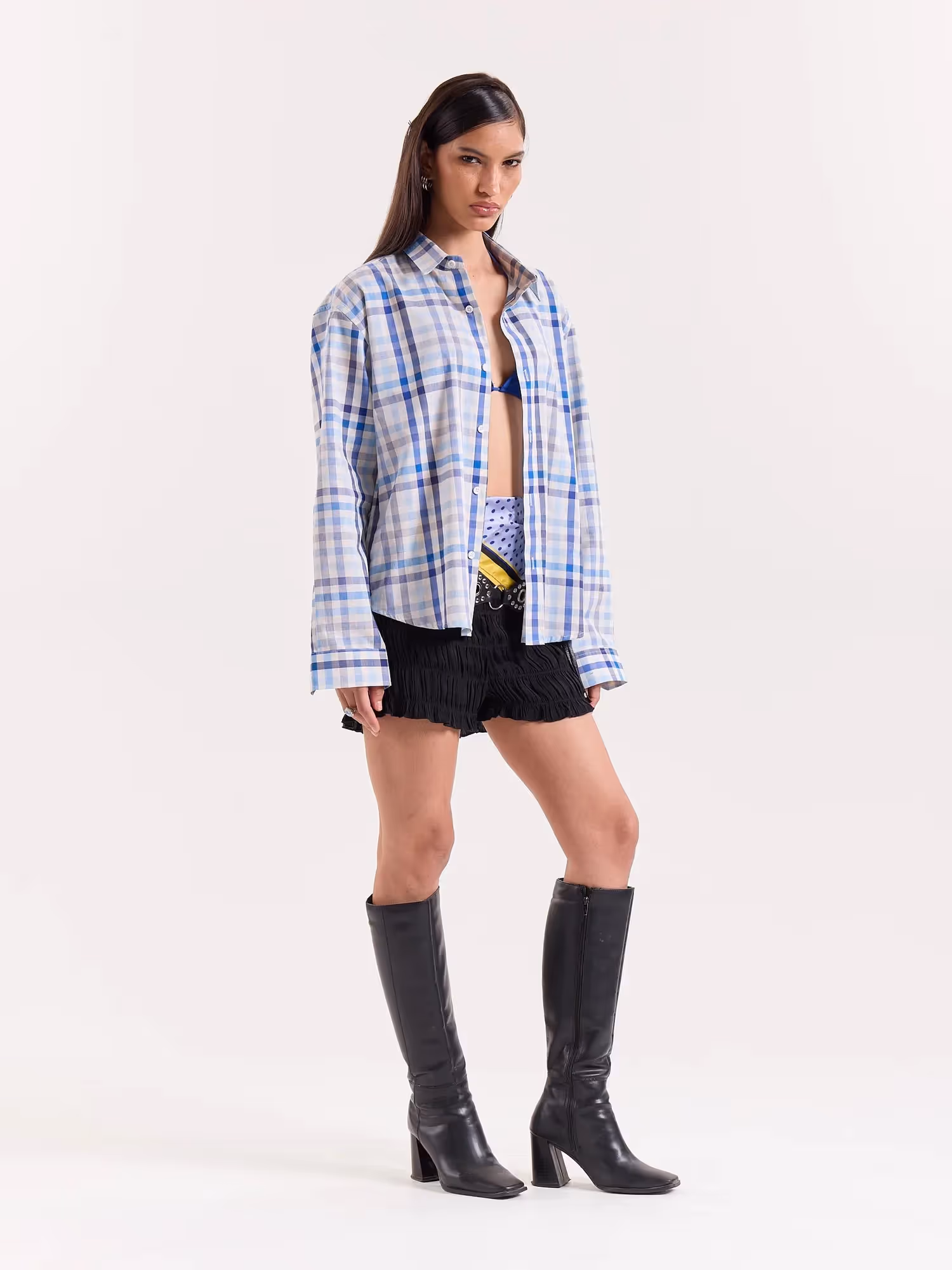 White & Blue Checkered Cropped Shirt image 7