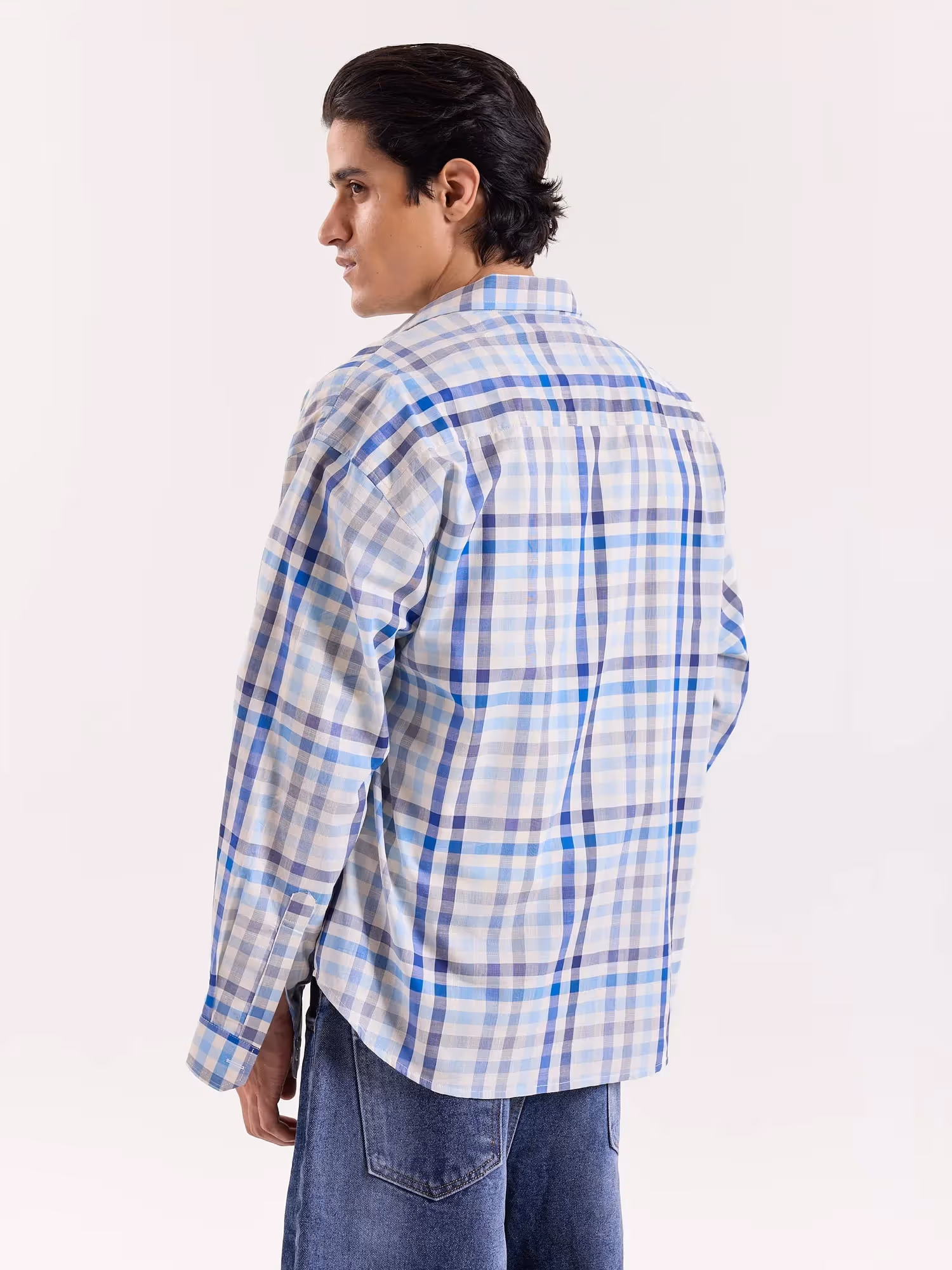 White & Blue Checkered Cropped Shirt image 8