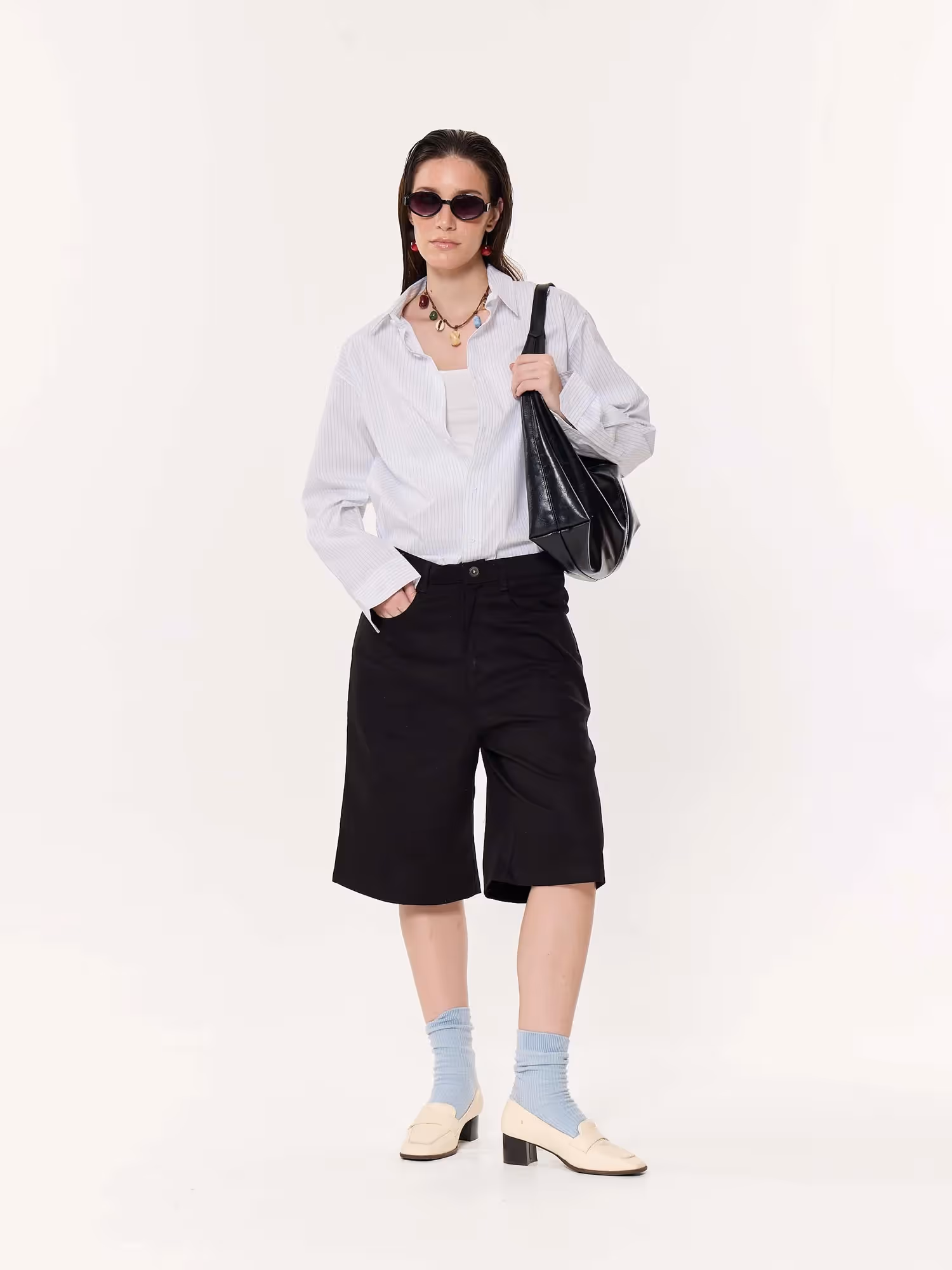 White & Blue Pinstriped Oversized Cropped Shirt image 2