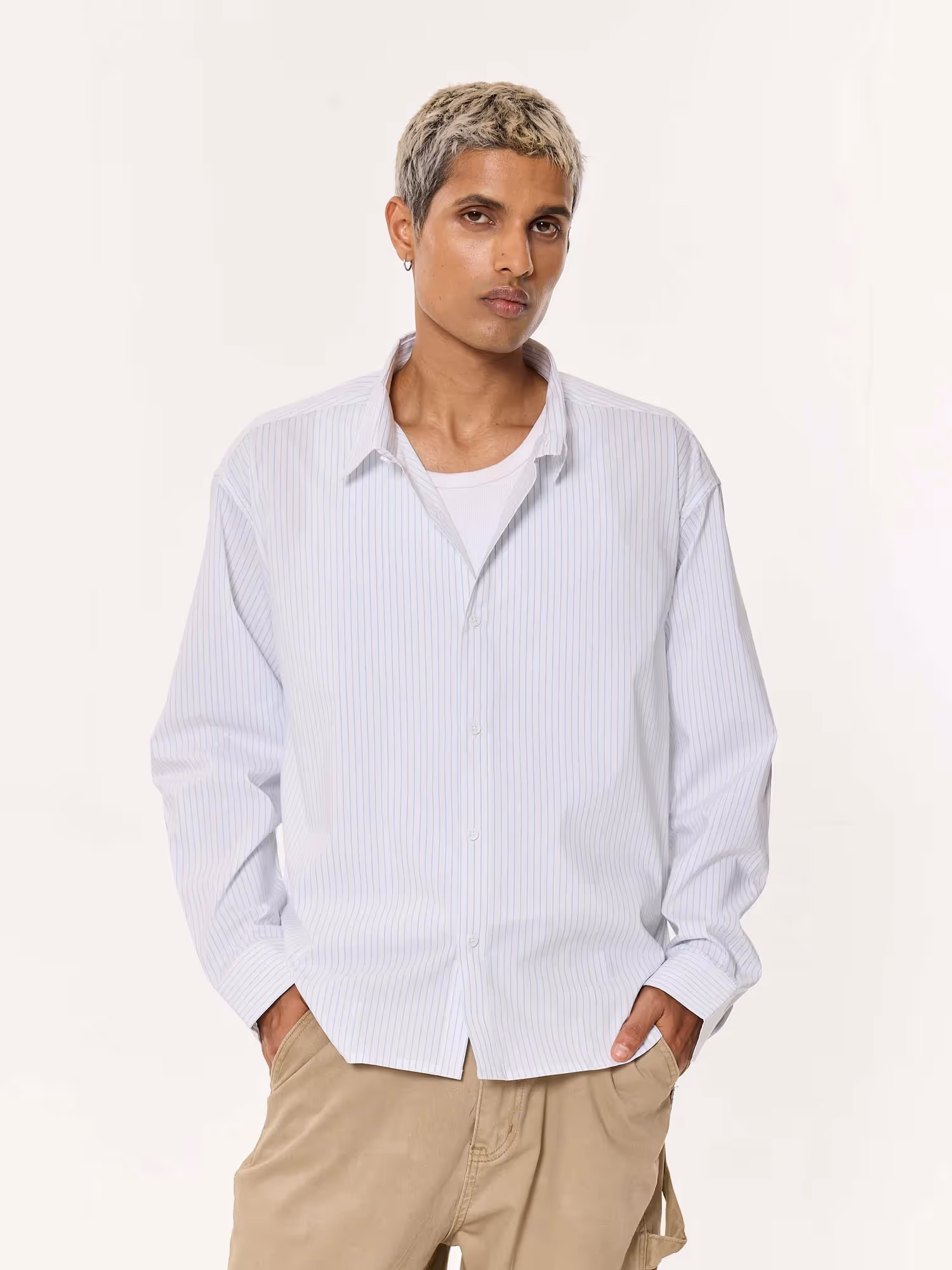 White & Blue Pinstriped Oversized Cropped Shirt image 3